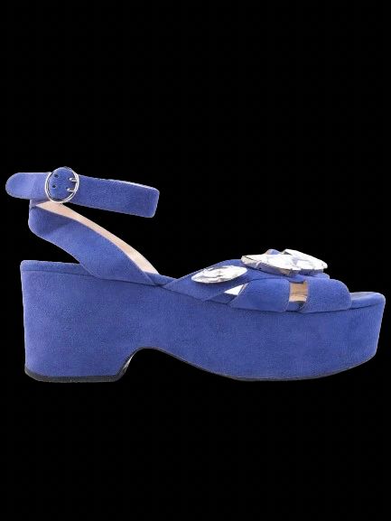Excellent Prada Blue Platform Sandals Suede Size 40 with Buckle