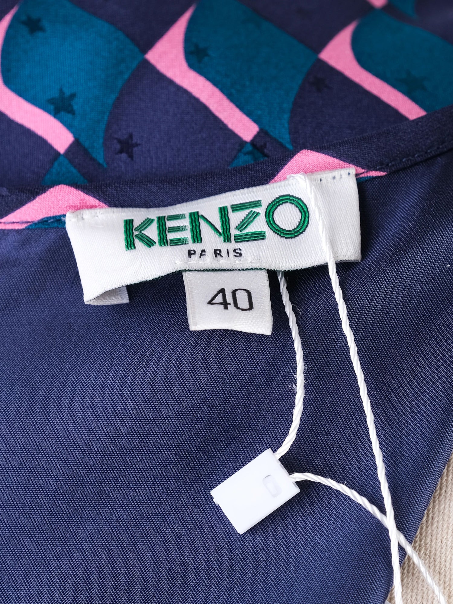 Excellent Kenzo Silk Dress Blue Pink Pattern Size L