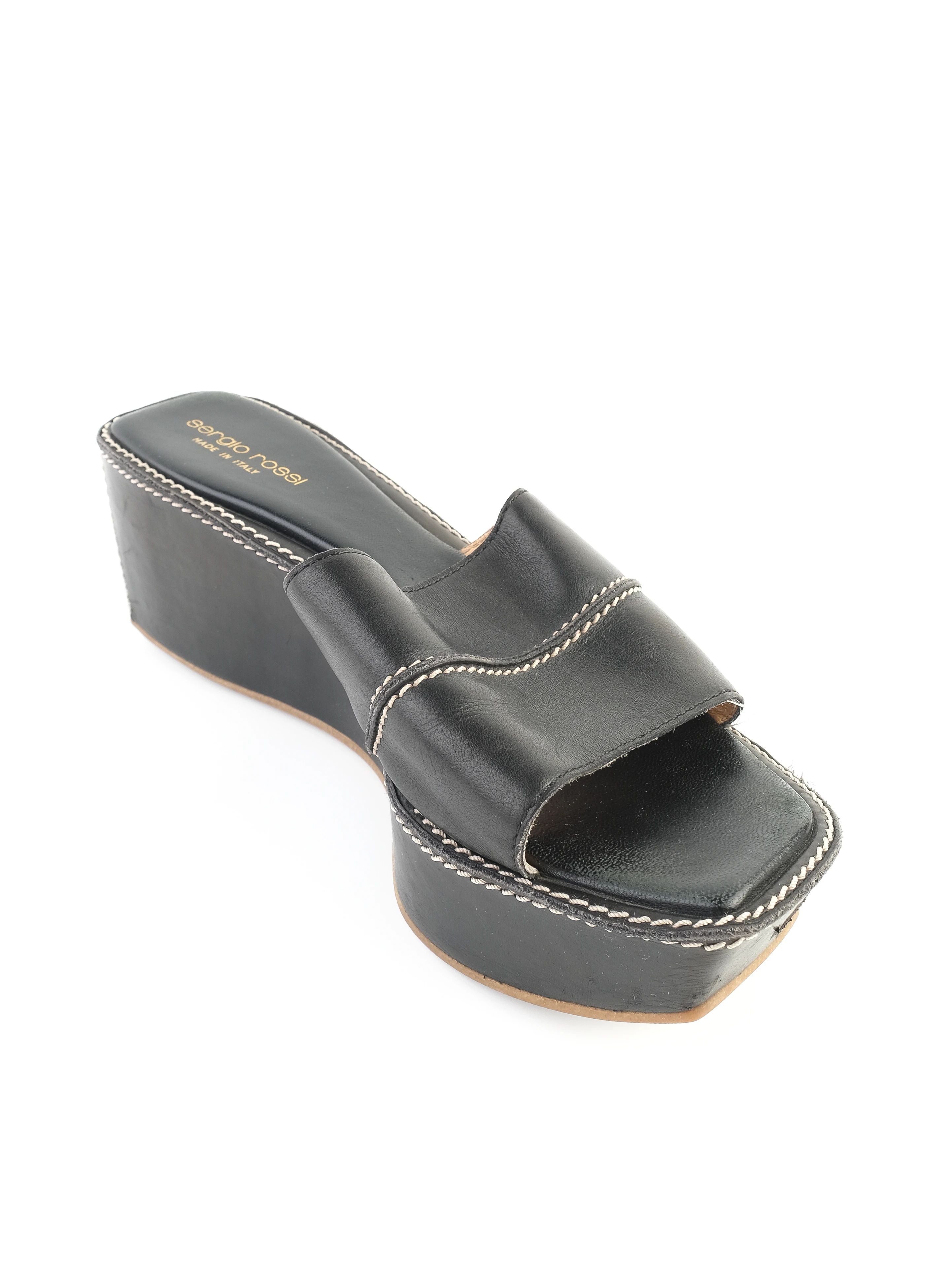 Excellent Sergio Rossi Black Leather Wedge Sandals with Platform Heel