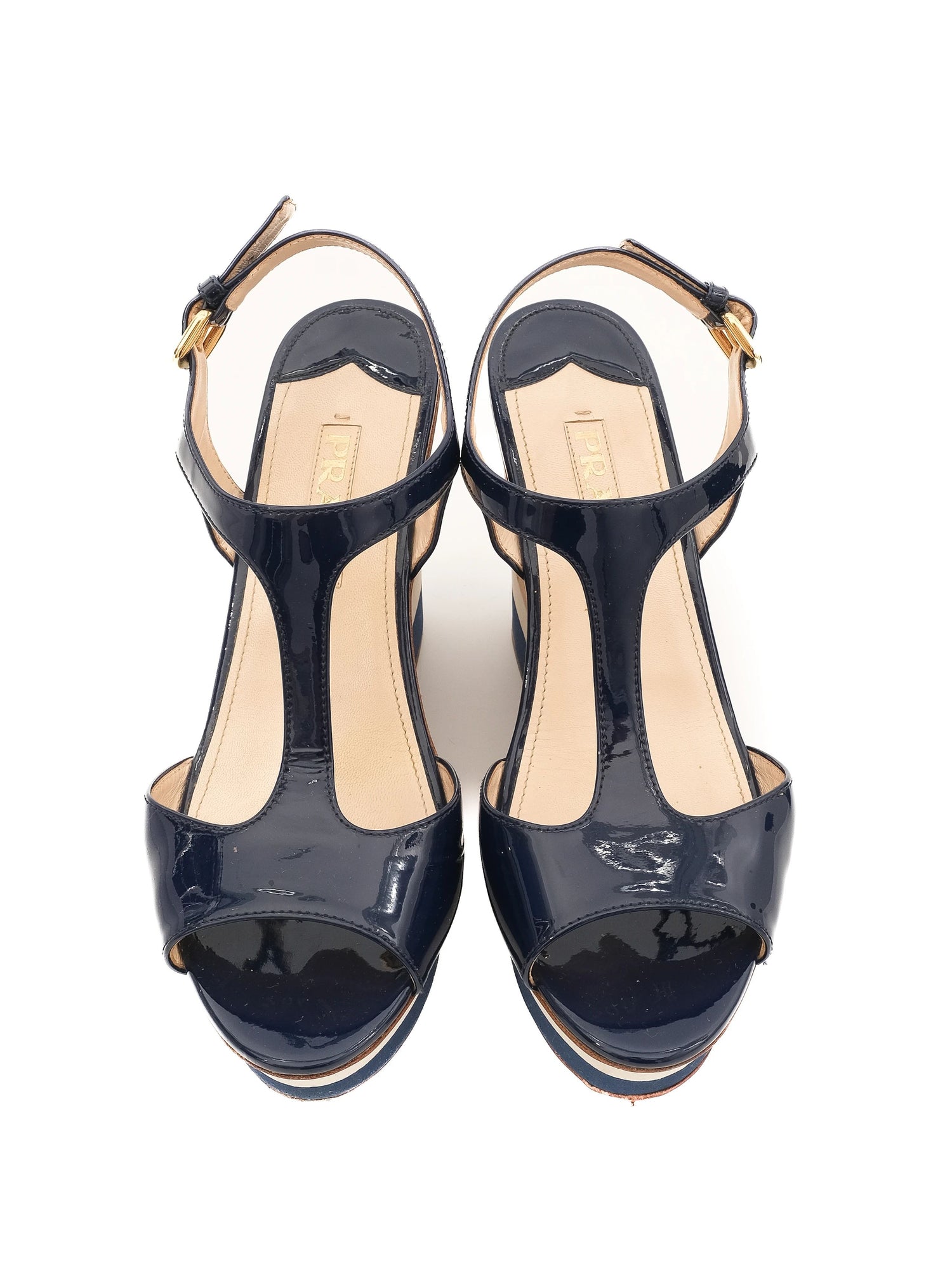 Excellent Prada Blue Leather Wedge Sandals Size 38 with Ankle Strap