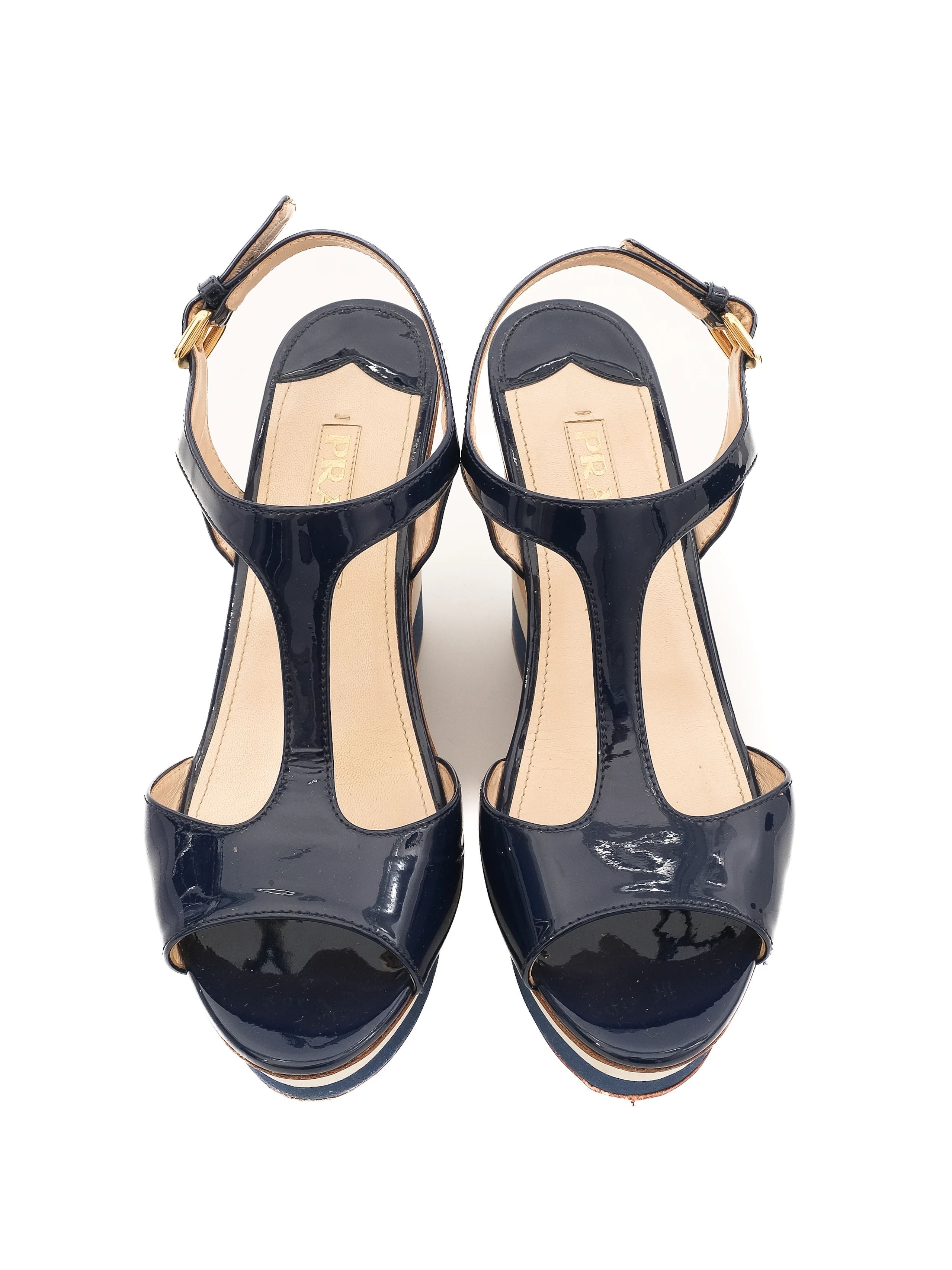 Excellent Prada Blue Leather Wedge Sandals Size 38 with Ankle Strap