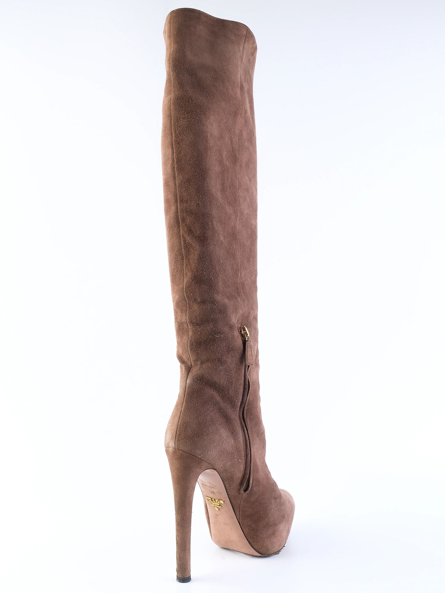 Excellent Prada High-Heeled Knee-High Boots Orange Leather Size 38
