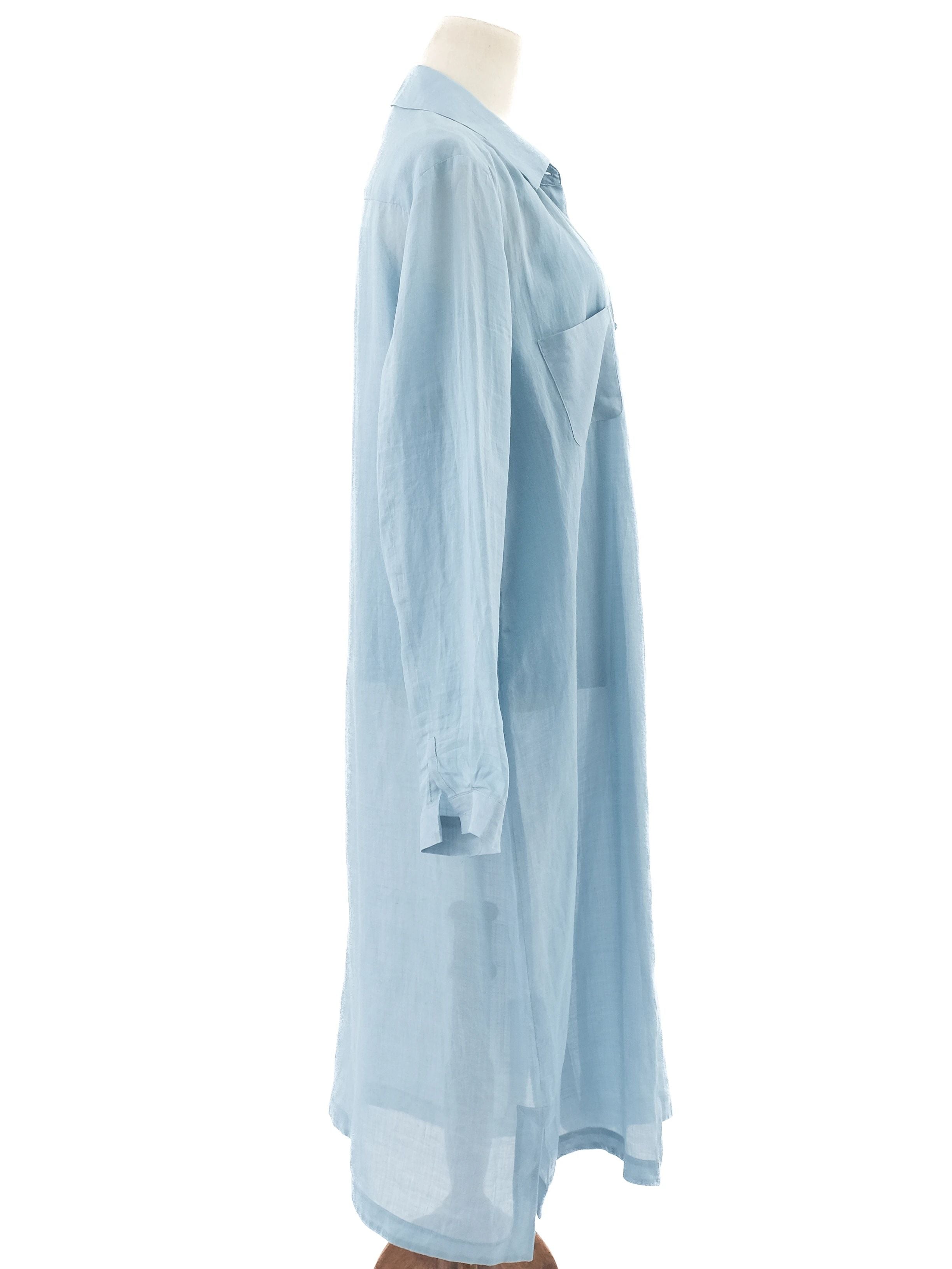 Excellent Max Mara Blue Cotton Sheer Long-Sleeved Shirt Dress