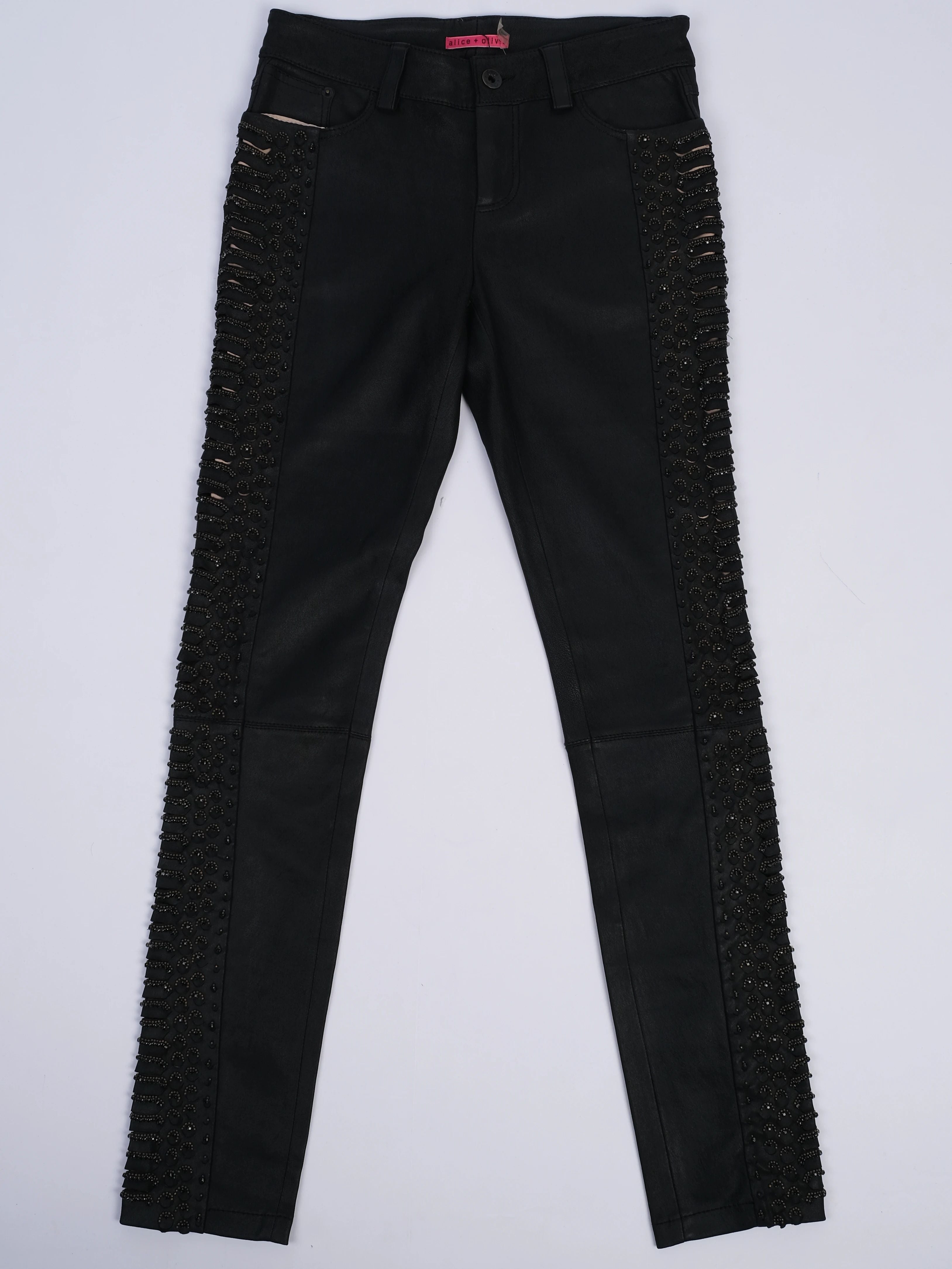 NEW Alice+Olivia Black Leather Pants with Beadwork Size M