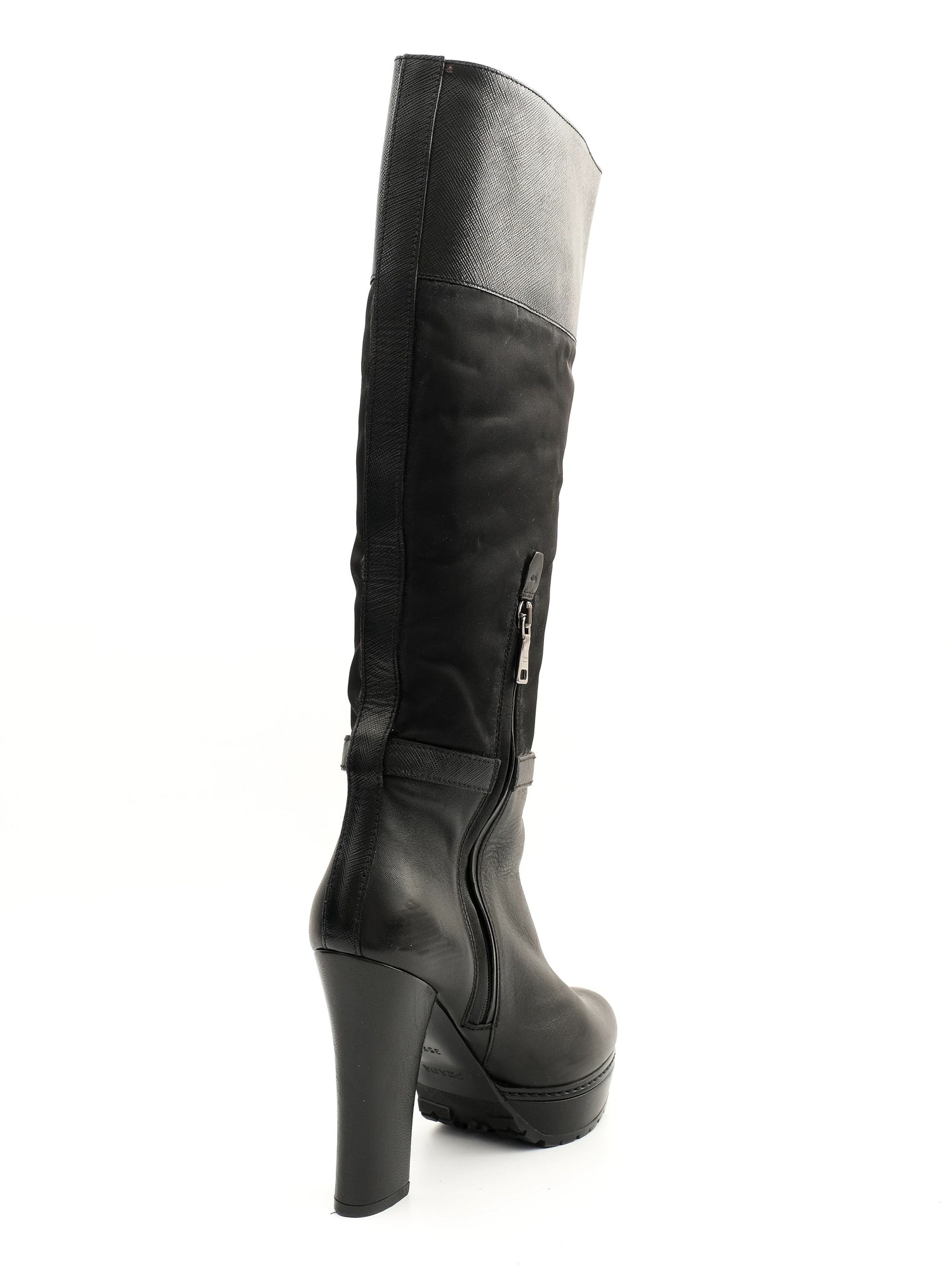 Excellent Prada Black Leather Heeled Knee-High Boots Size 35.5