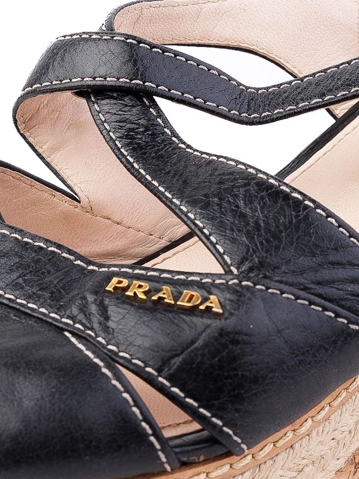 Excellent Prada Black Leather Wedge Sandals Size 38.5 with Cork Platform