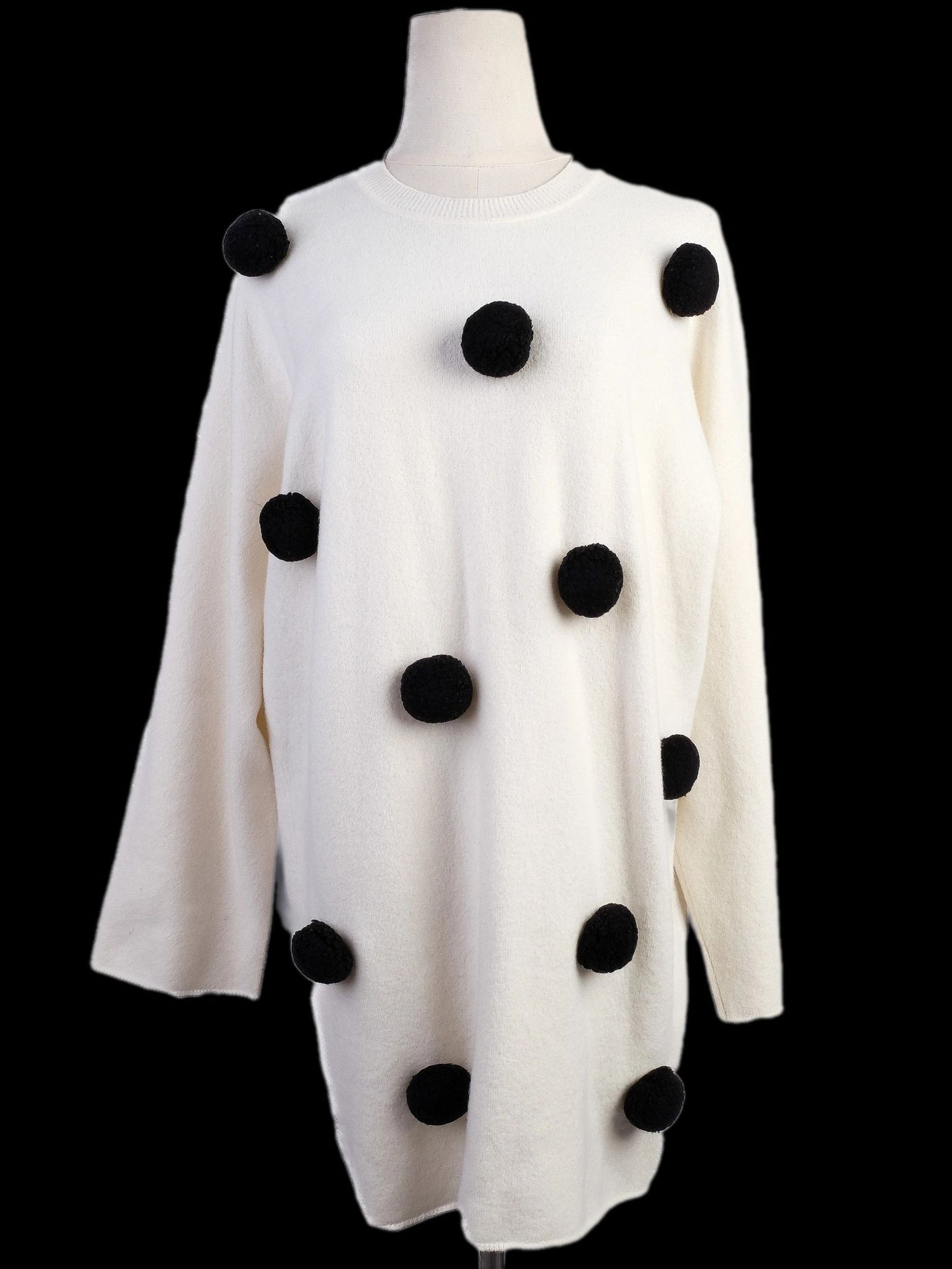 Excellent Sportmax White Wool Sweater Size S with Black Pom-Poms