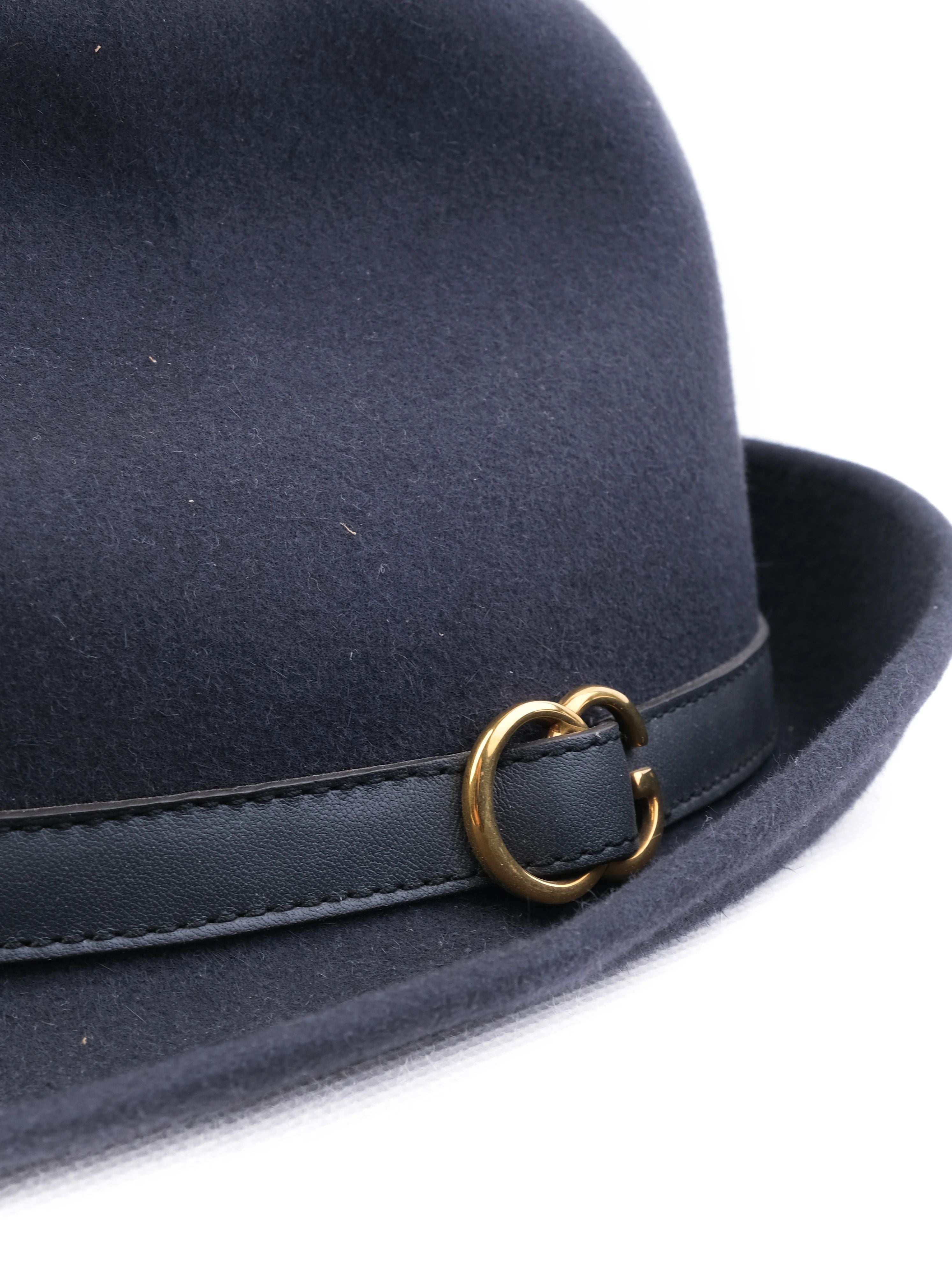 Excellent Gucci Black Wool Fedora Hat with Leather Band, Size M