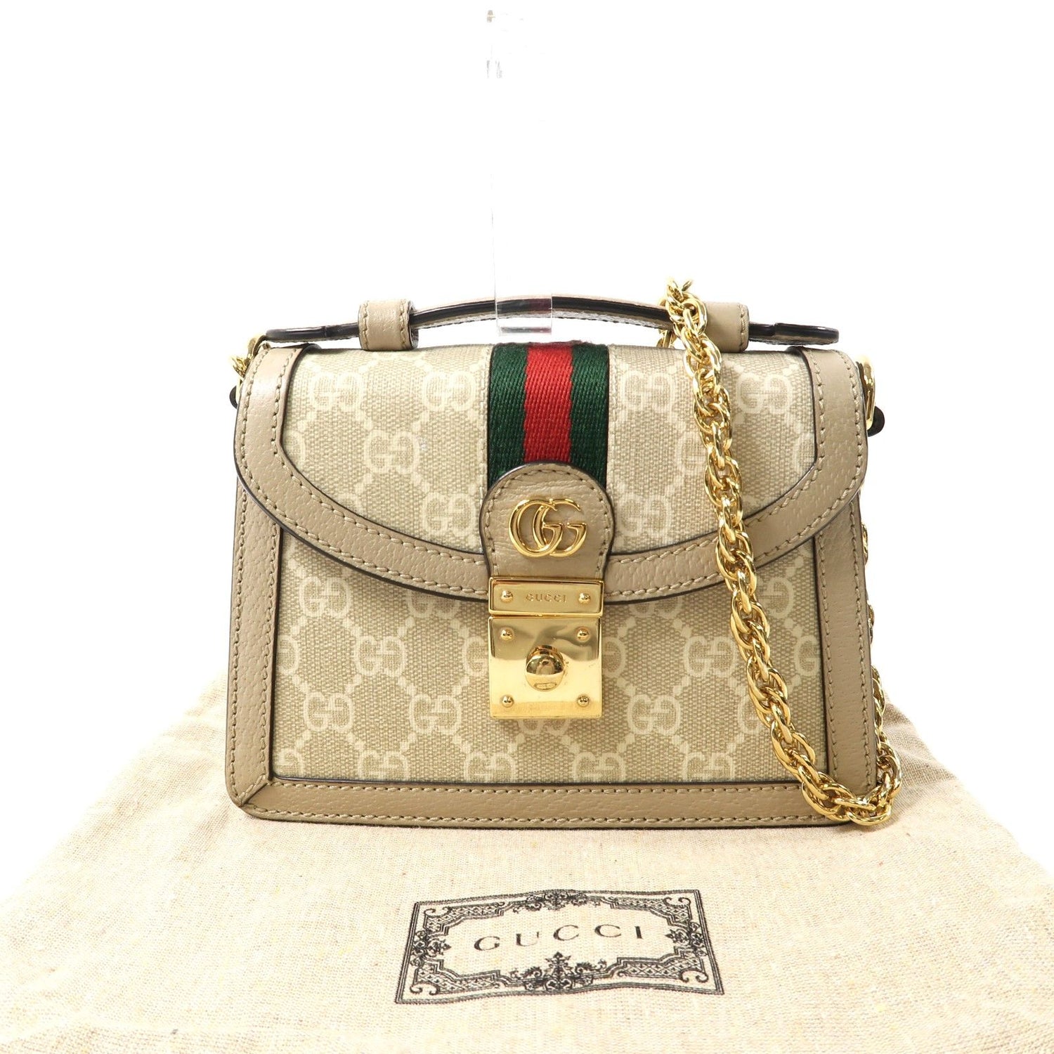 Gucci GG Supreme Monogram Textured Dollar Calfskin Web Mini Ophidia Padlock Top Handle Chain Shoulder Bag