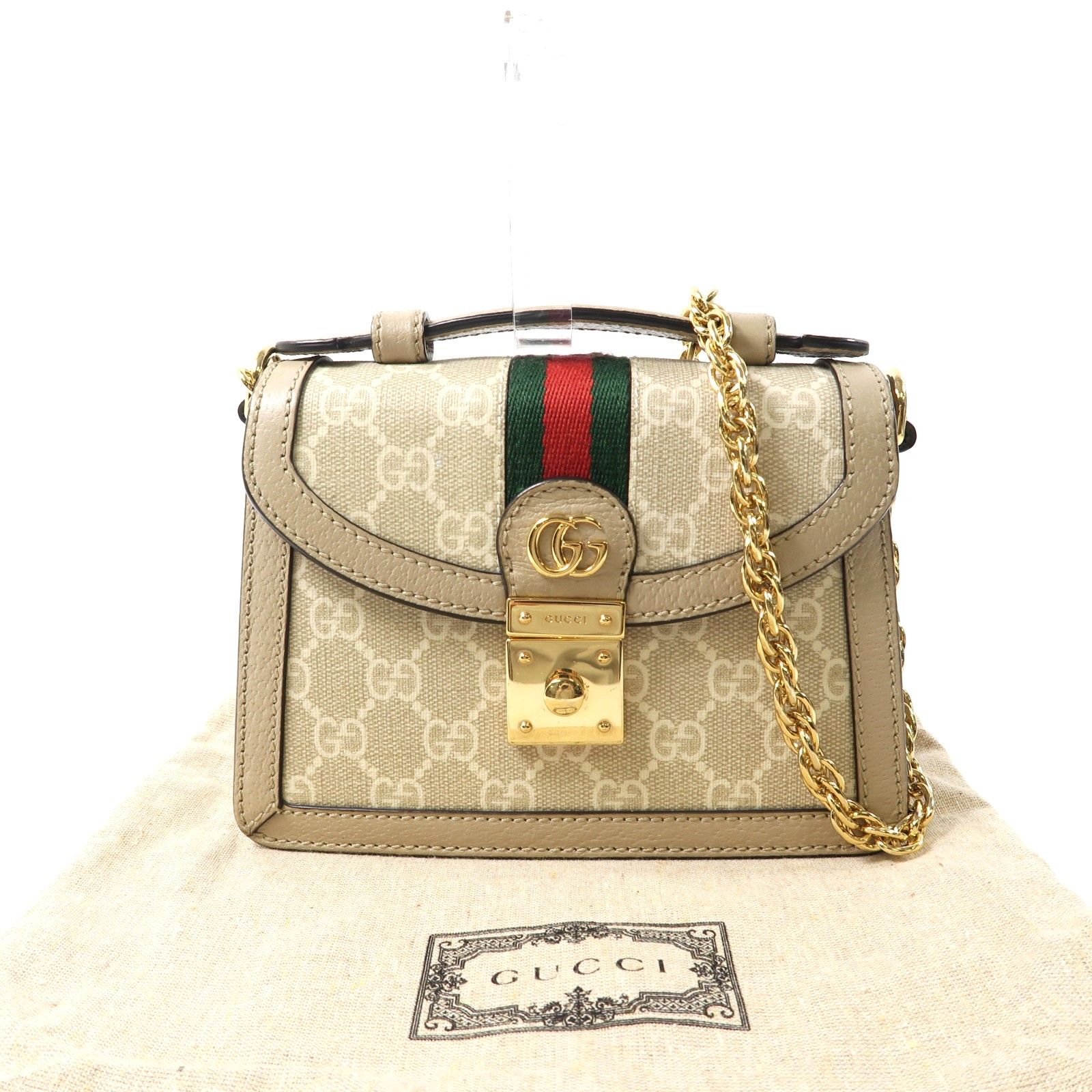 Gucci GG Supreme Monogram Textured Dollar Calfskin Web Mini Ophidia Padlock Top Handle Chain Shoulder Bag