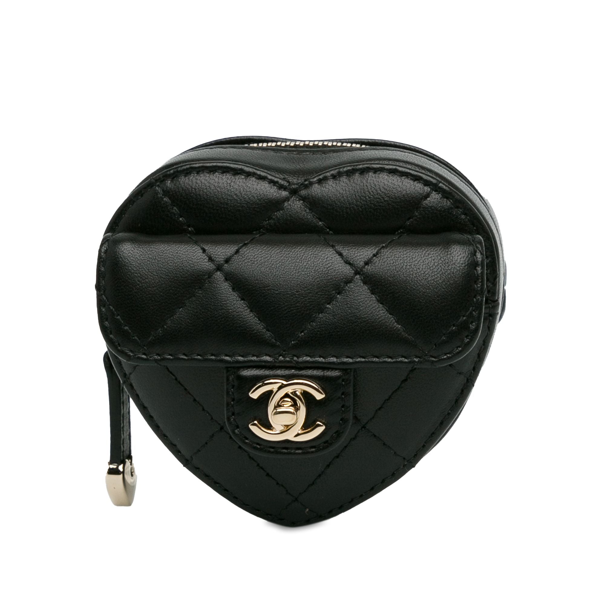 Chanel Lambskin CC In Love Heart Zipped Arm Coin Purse Black