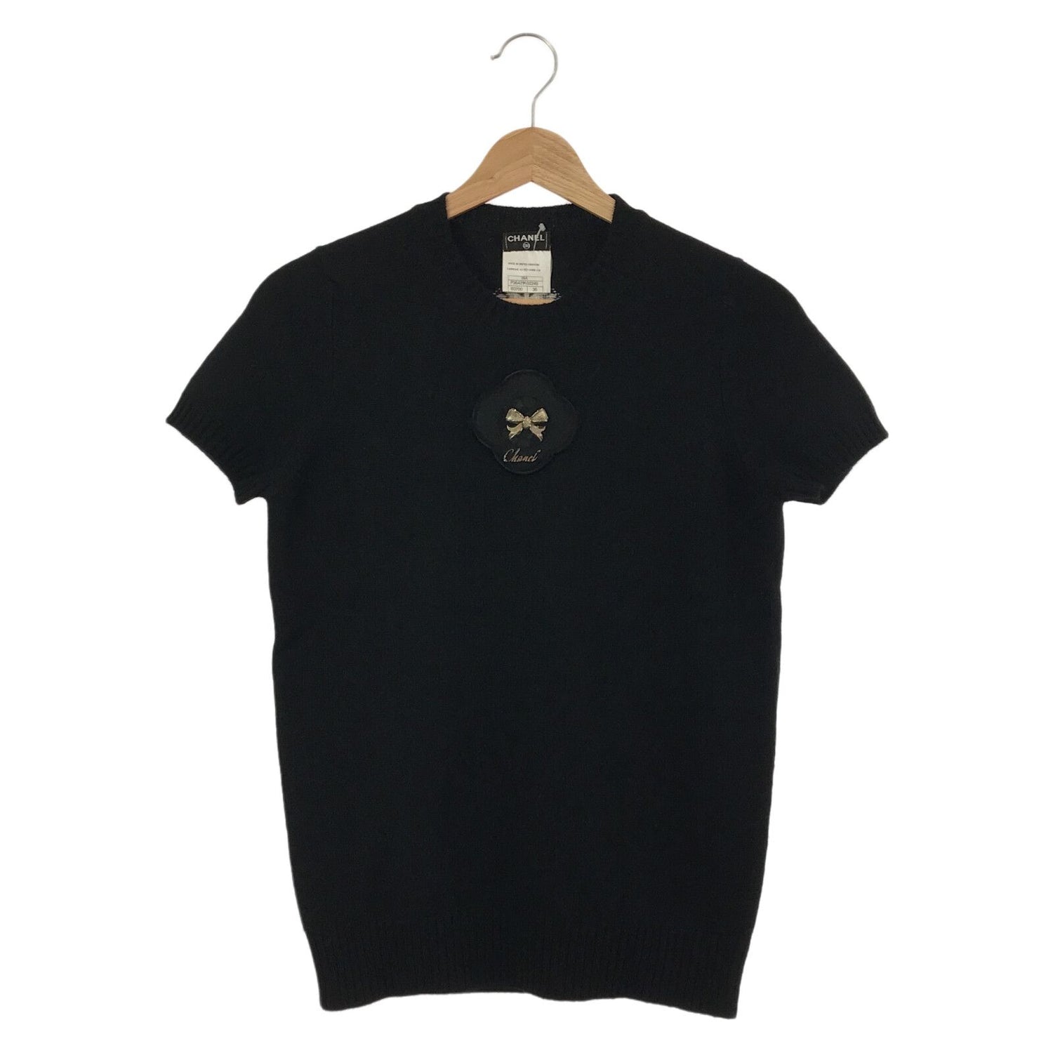 Chanel Short Sleeve Bow Sweater Black Cashmere 36