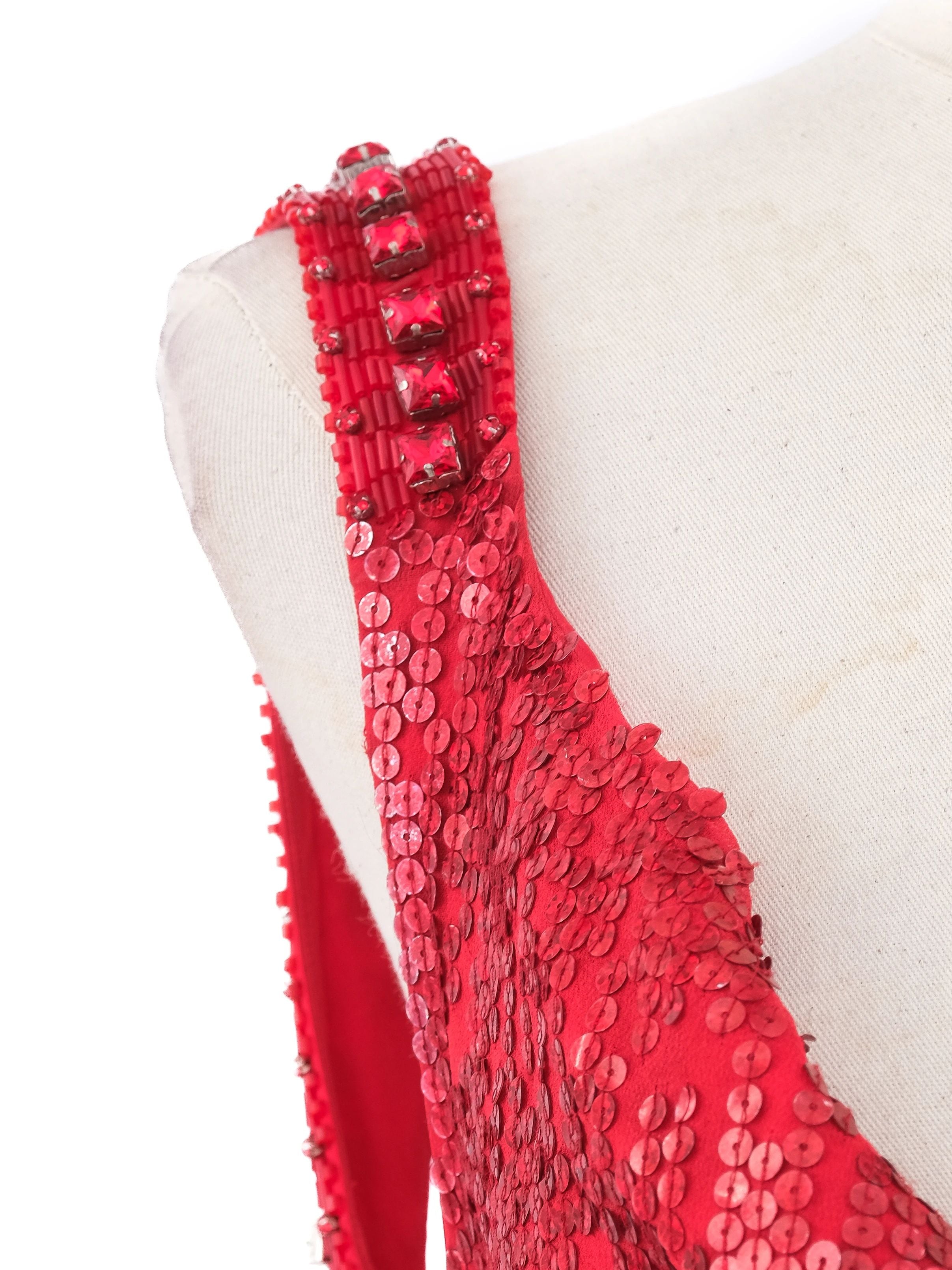 Excellent Jenny Packham Red Silk Sequined Gown Size M