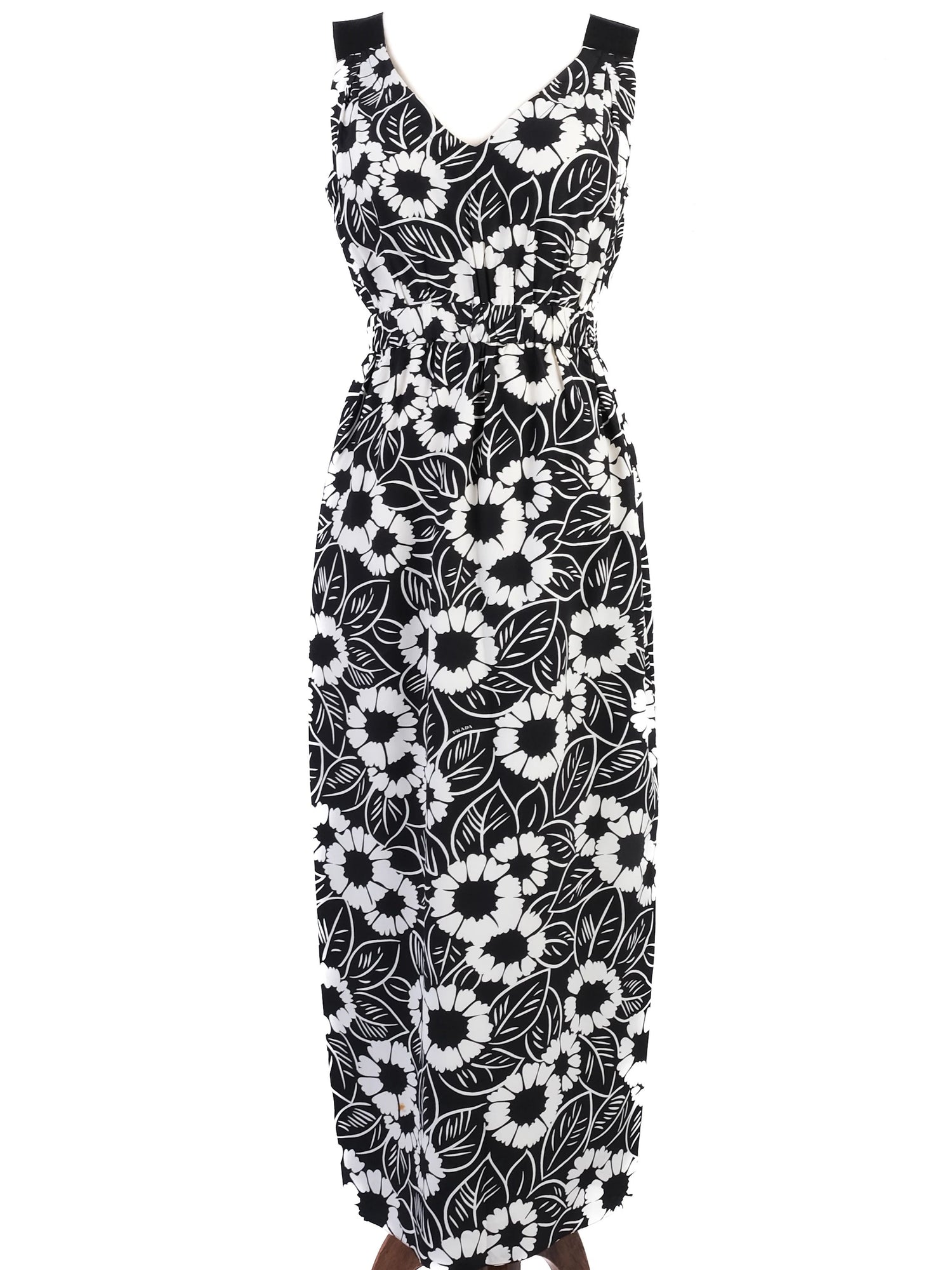 Excellent Prada Maxi Dress Black White Floral Silk Size S