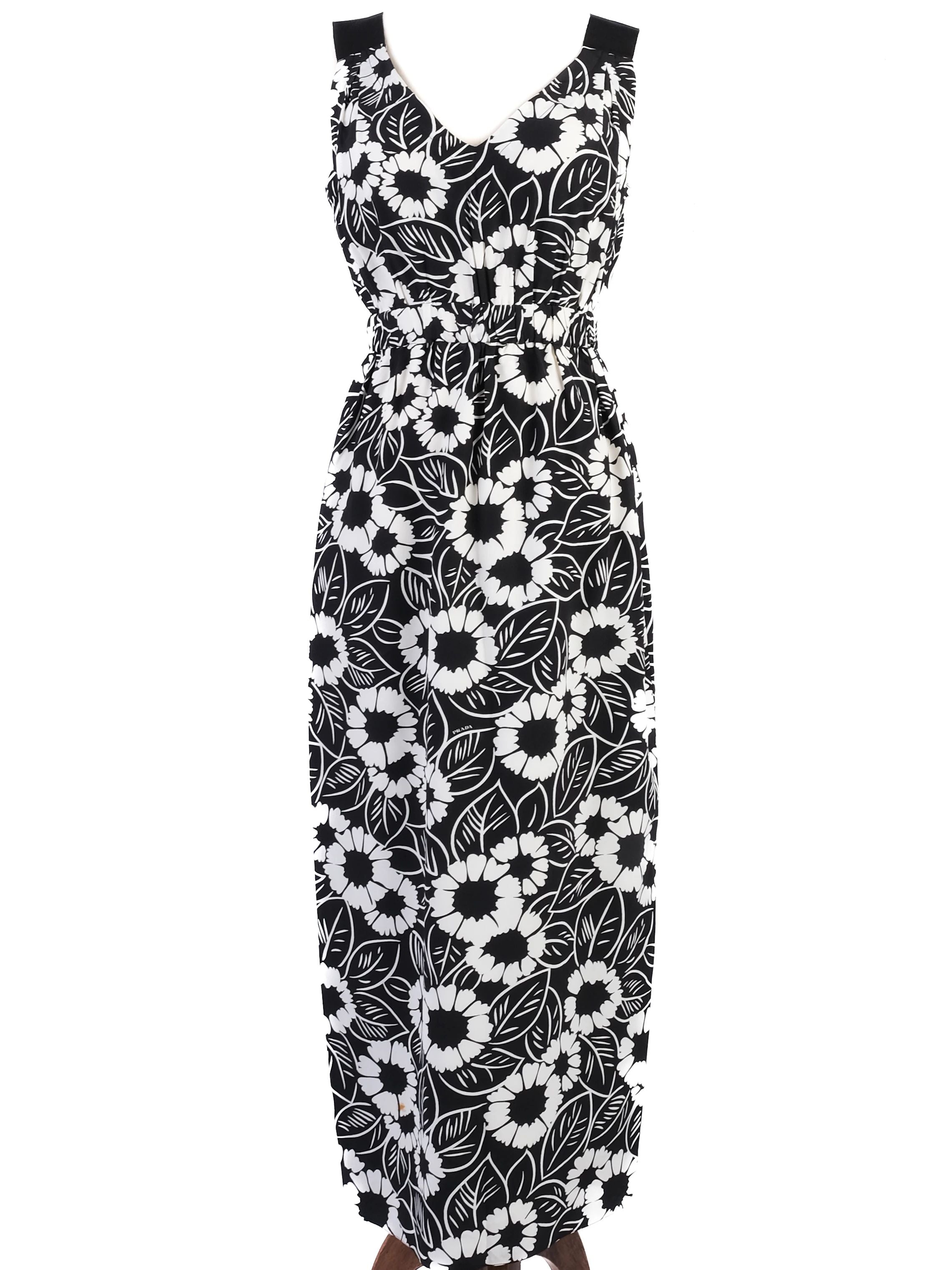Excellent Prada Maxi Dress Black White Floral Silk Size S