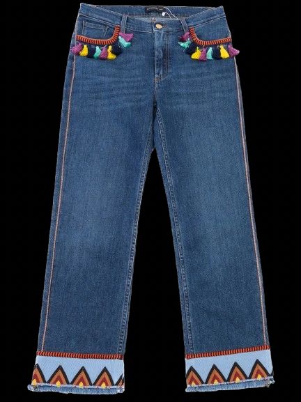 Etro Embellished Blue Cotton Jeans M with Colorful Tassels