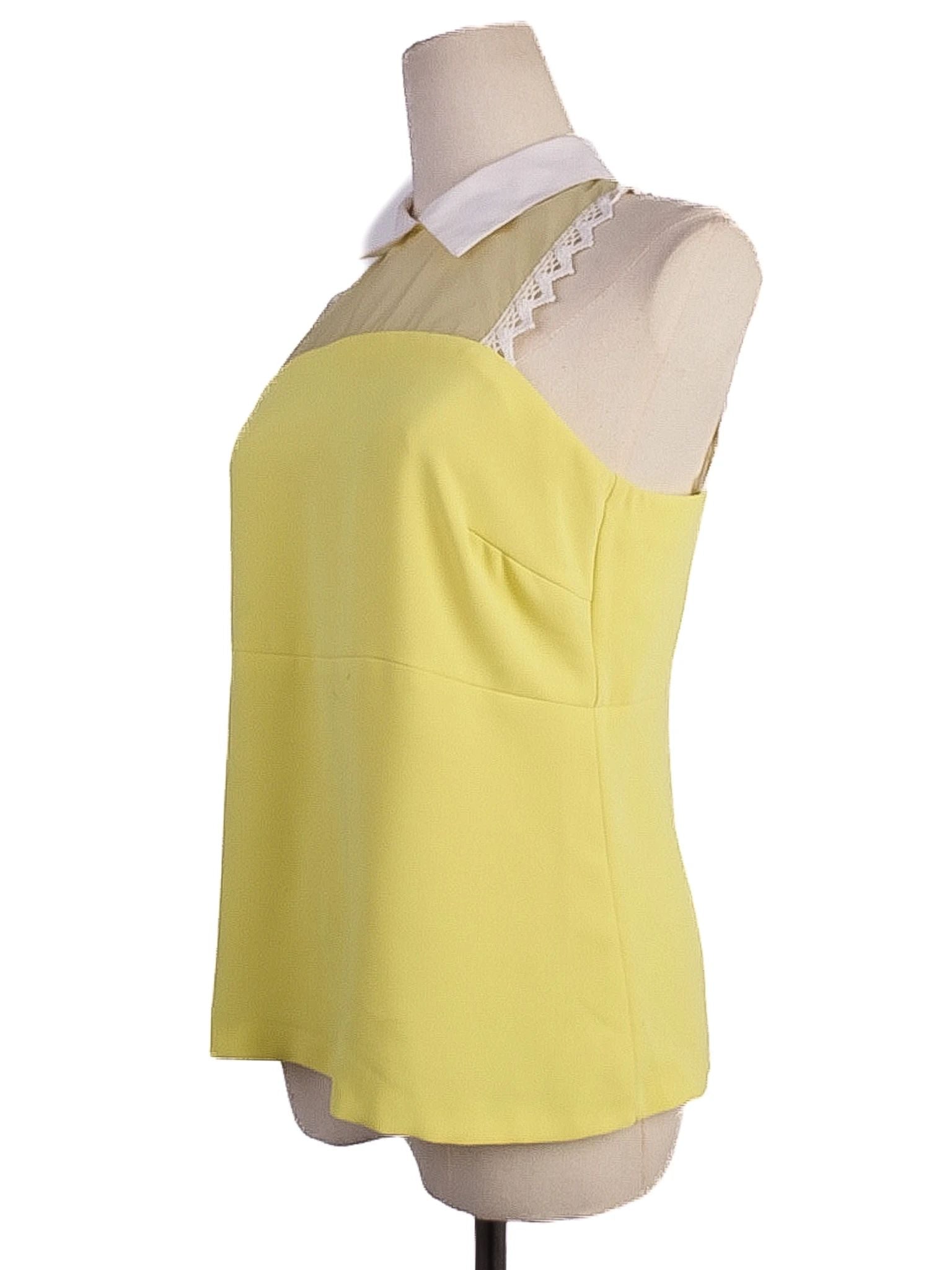 Excellent Pinko Yellow Cotton Blouse M with Lace and White Collar