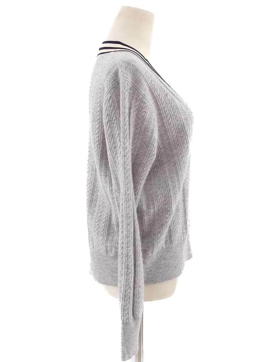 Excellent Sandro Gray Wool Cable-Knit Sweater Size S with V-Neck