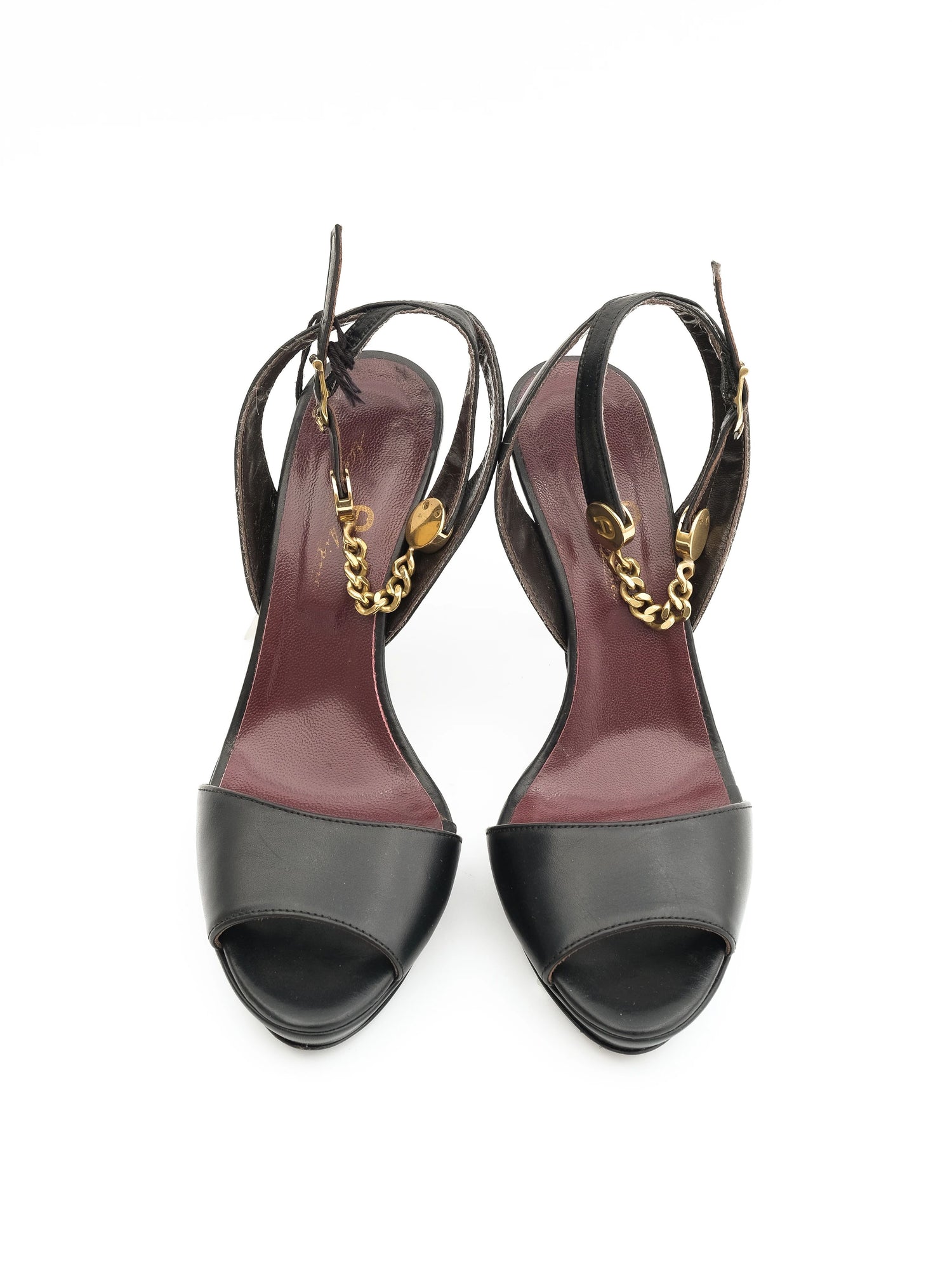 NEW Aigner Black High-Heeled Sandals Leather Size 38 with Gold Details