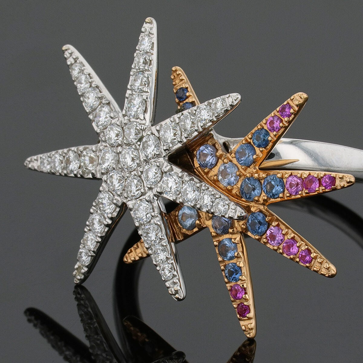Colored sapphires, diamonds and two tones gold ring