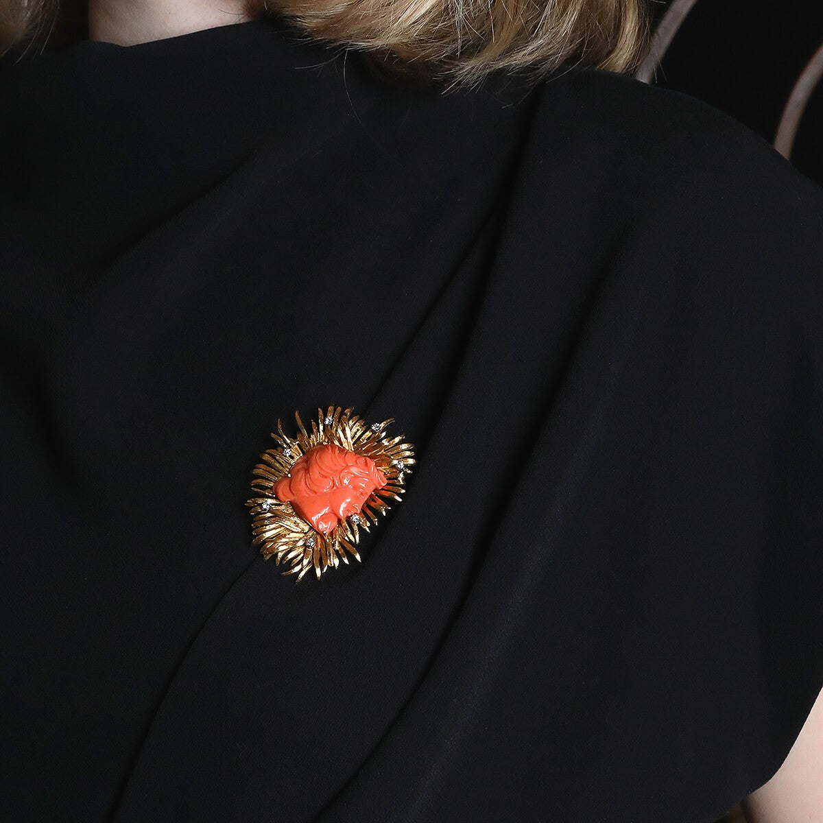 Coral, diamonds and gold brooch