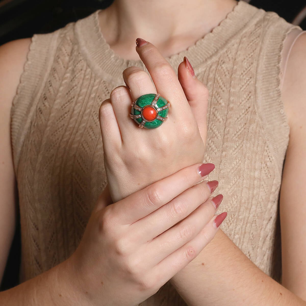 Coral, diamonds, imitated malachite and gold ring