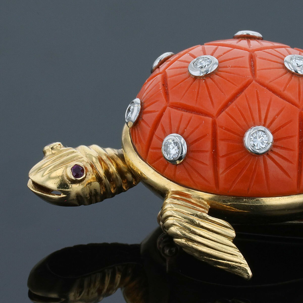 Coral, diamonds, rubies and gold brooch