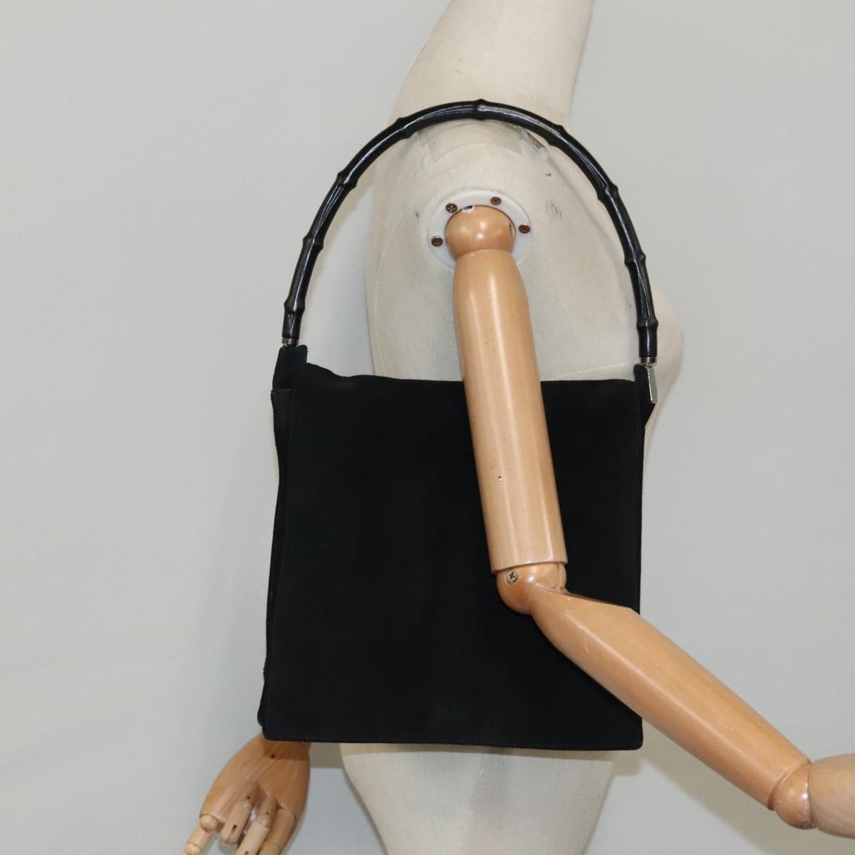 Gucci Bamboo Shoulder Bag Suede Black Silver 001 3243 Auth