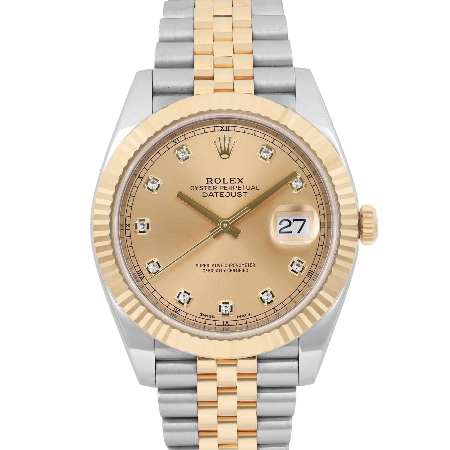 Rolex Datejust 41mm 18k Gold Steel Champagne Diamond Dial Watch 126333