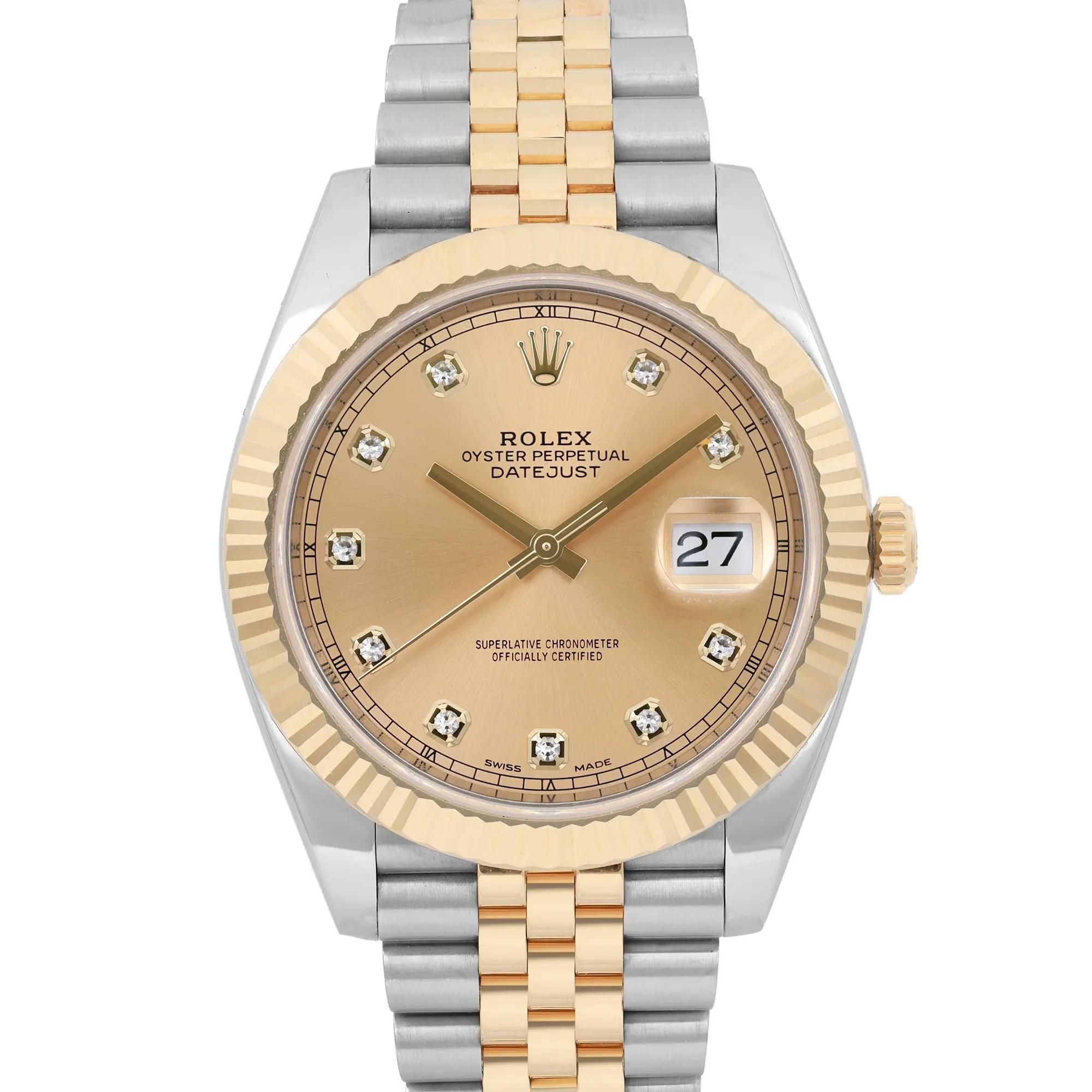 Rolex Datejust 41mm 18k Gold Steel Champagne Diamond Dial Watch 126333