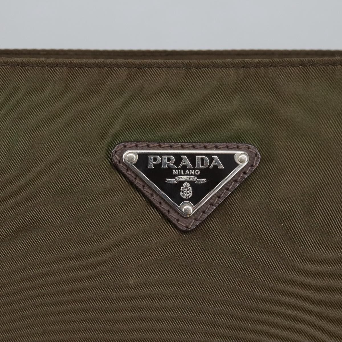 Prada Shoulder Bag Nylon Khaki Brown Silver Auth