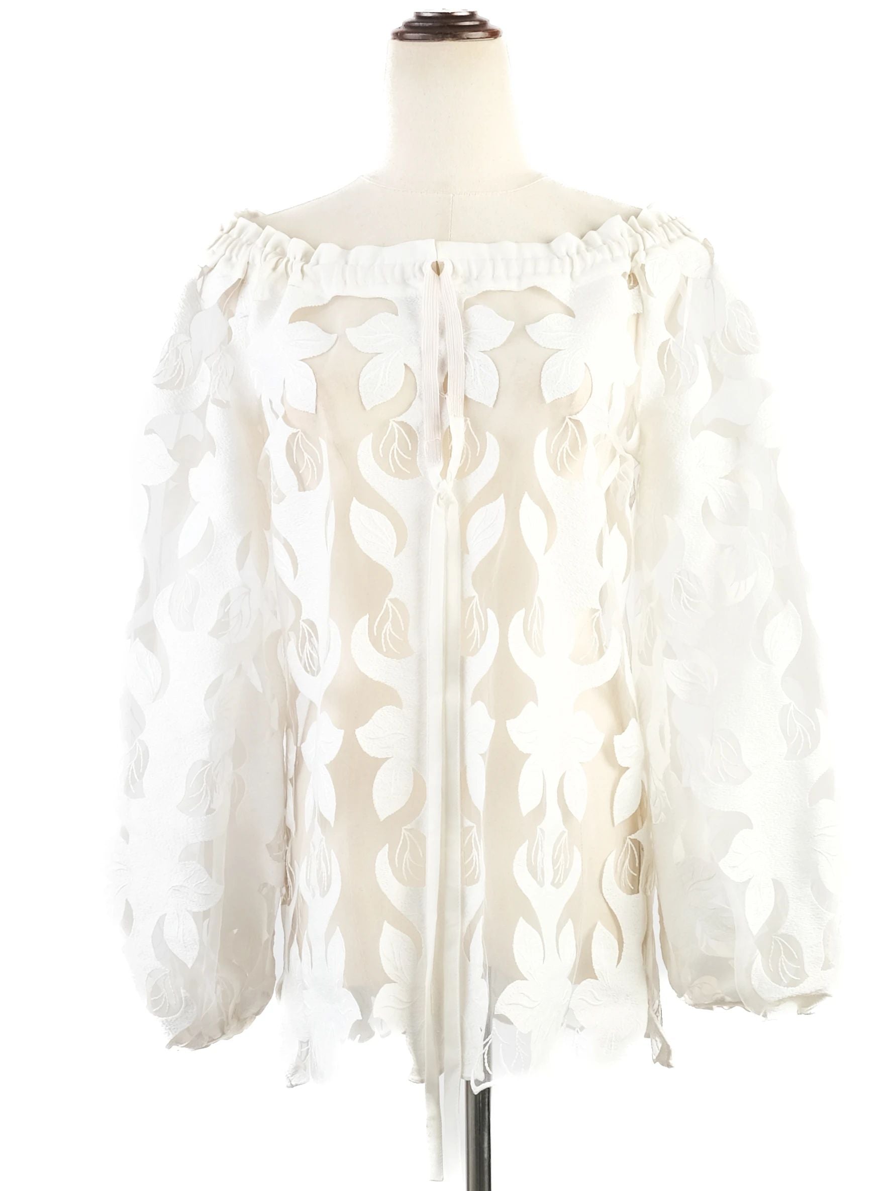Excellent Anne Fontaine White Sheer Blouse Size M Floral Cut-Out Design