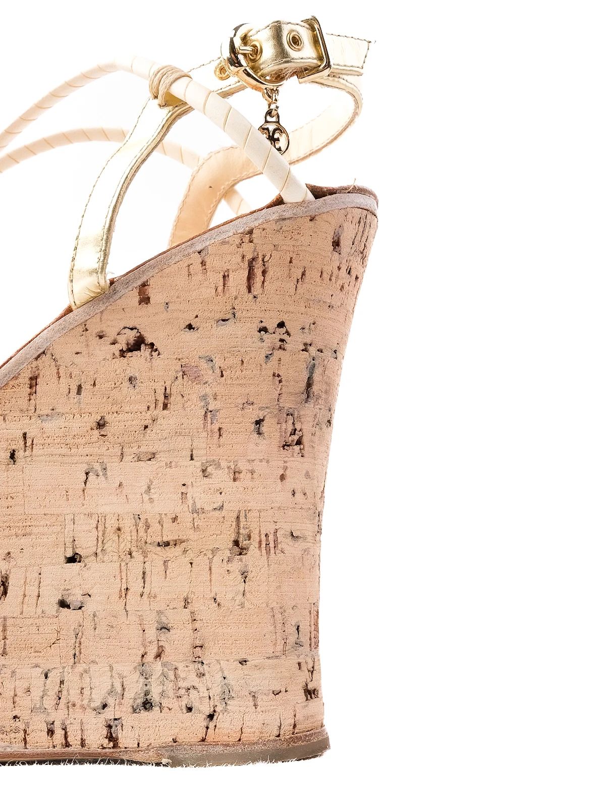 Excellent Fabi White Leather Cork Wedge Sandals Size 38 with Gold Accents