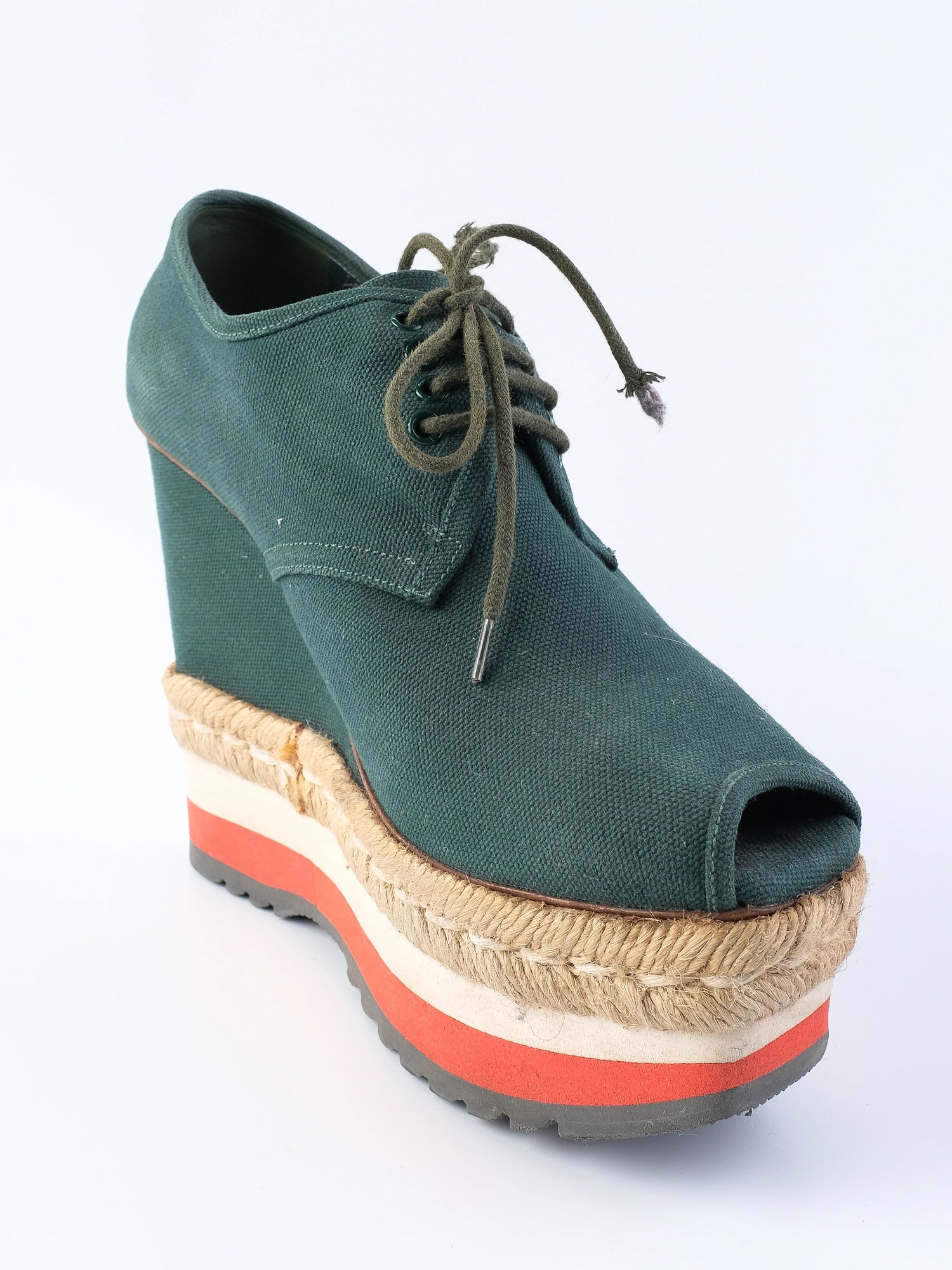 Excellent Prada Green Fabric Wedge Shoes Size 37.5 with Platform Sole