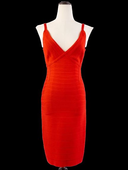 Excellent Herve Leger Red Bodycon Dress Size S Thin Strap V-Neck