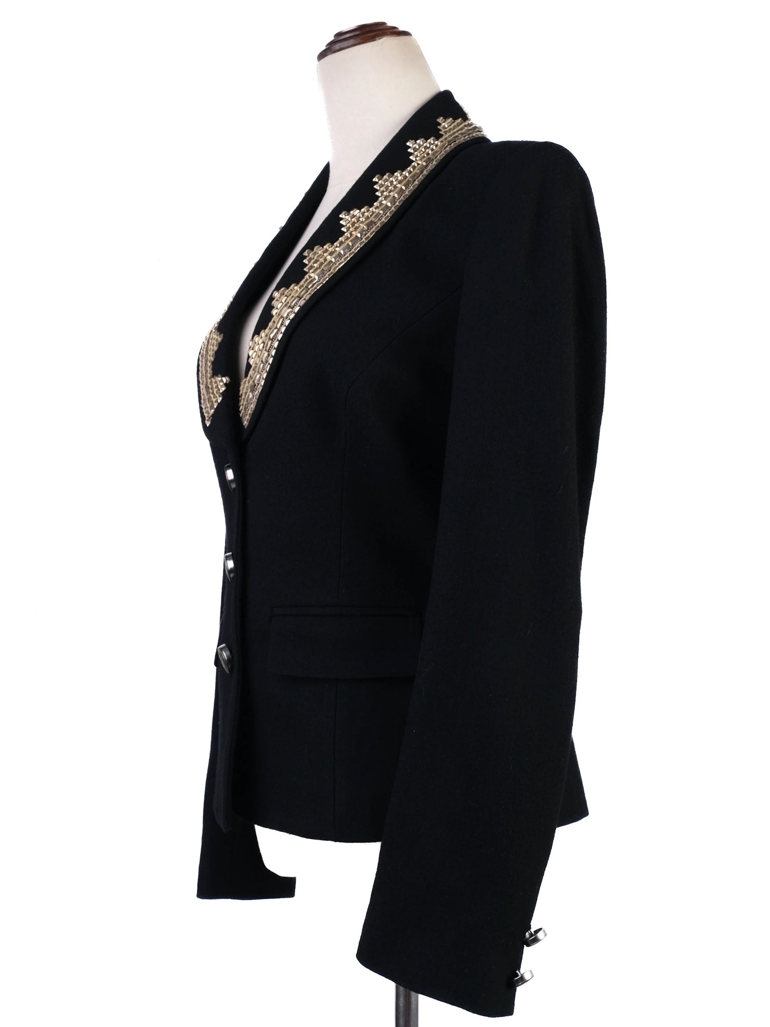 Excellent Class Roberto Cavalli Black Wool Skirt Suit with Beaded Collar