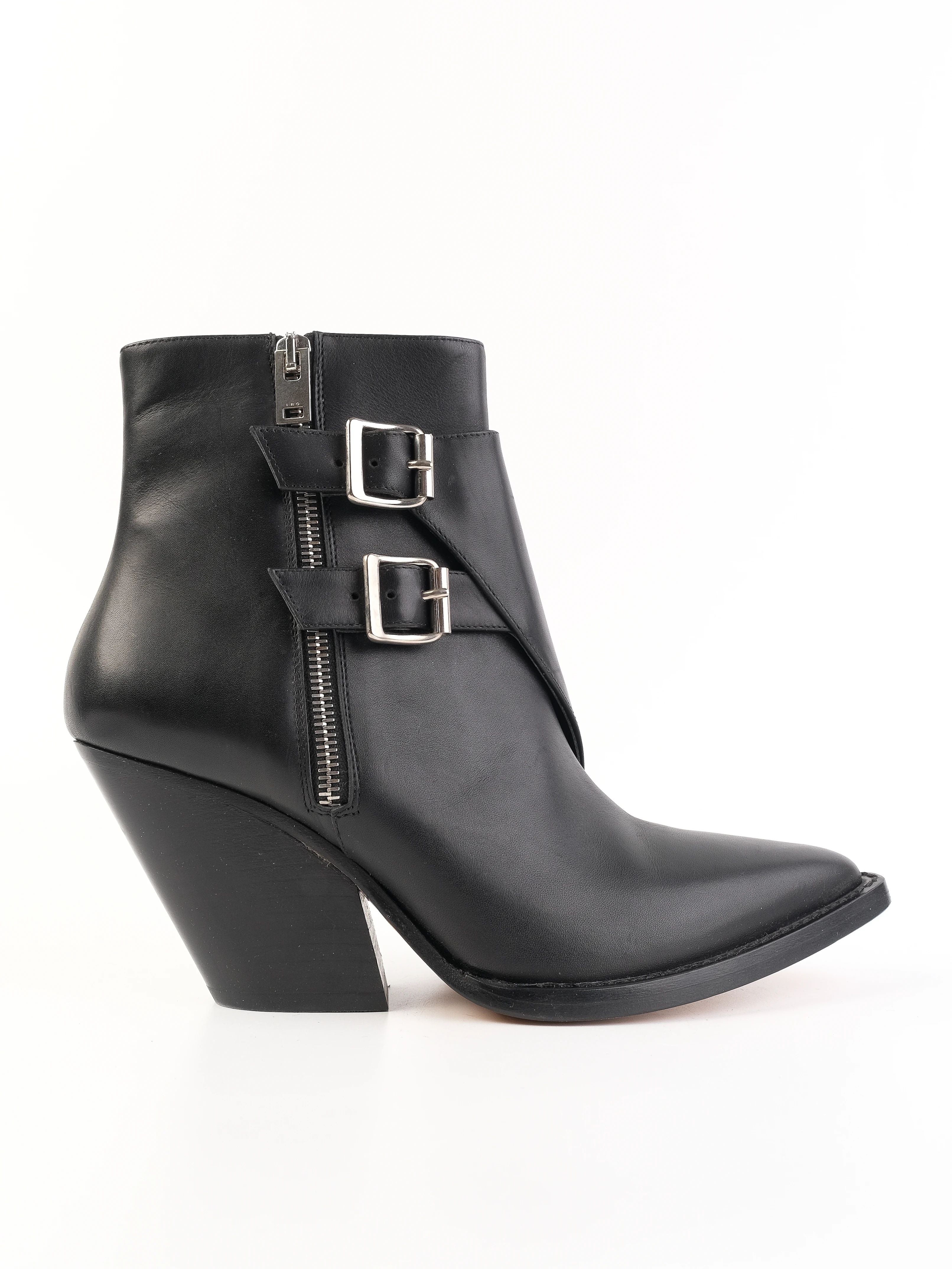 Excellent Iro Black Leather Ankle Boots with Side Zipper, Size 39