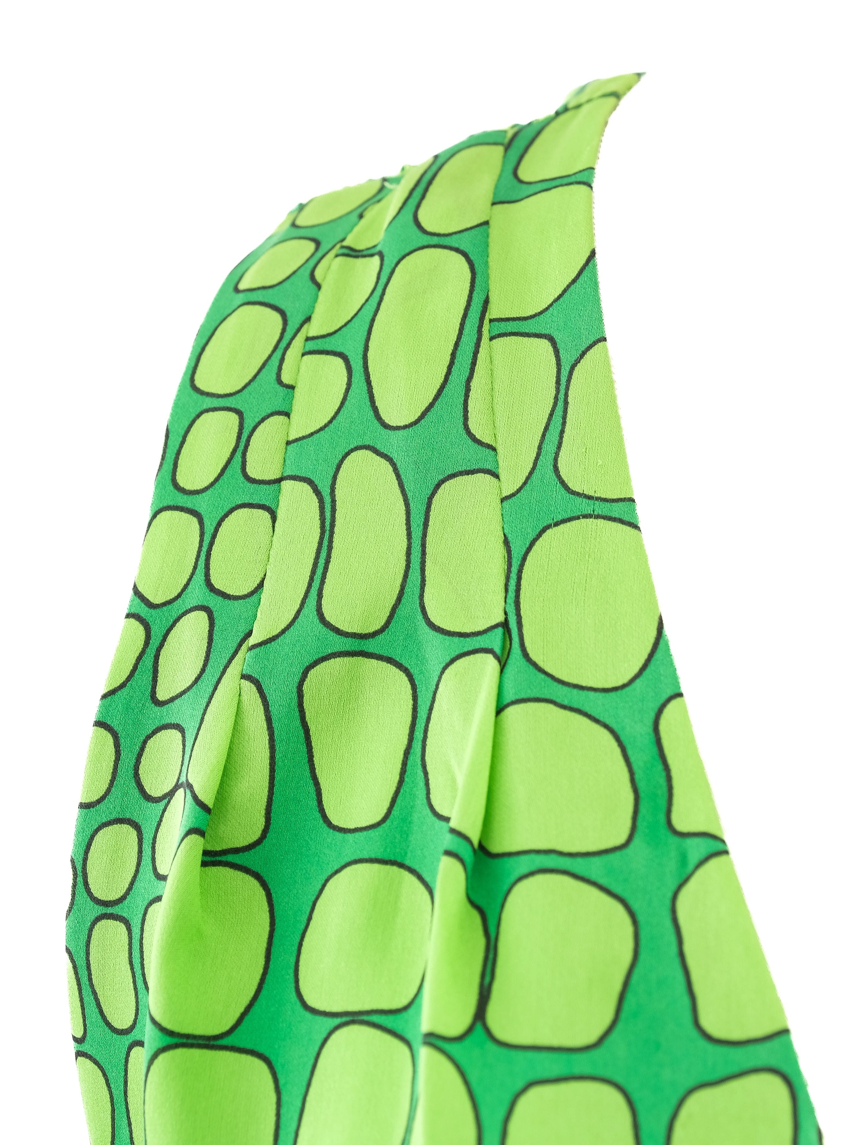 Excellent Moschino Green Silk Long Dress Size L V-Neck Geometric Pattern
