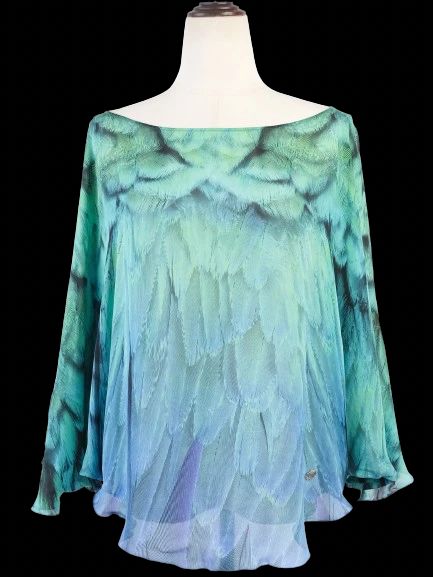 Excellent Roberto Cavalli Green Silk Blouse with Feather Pattern Size L