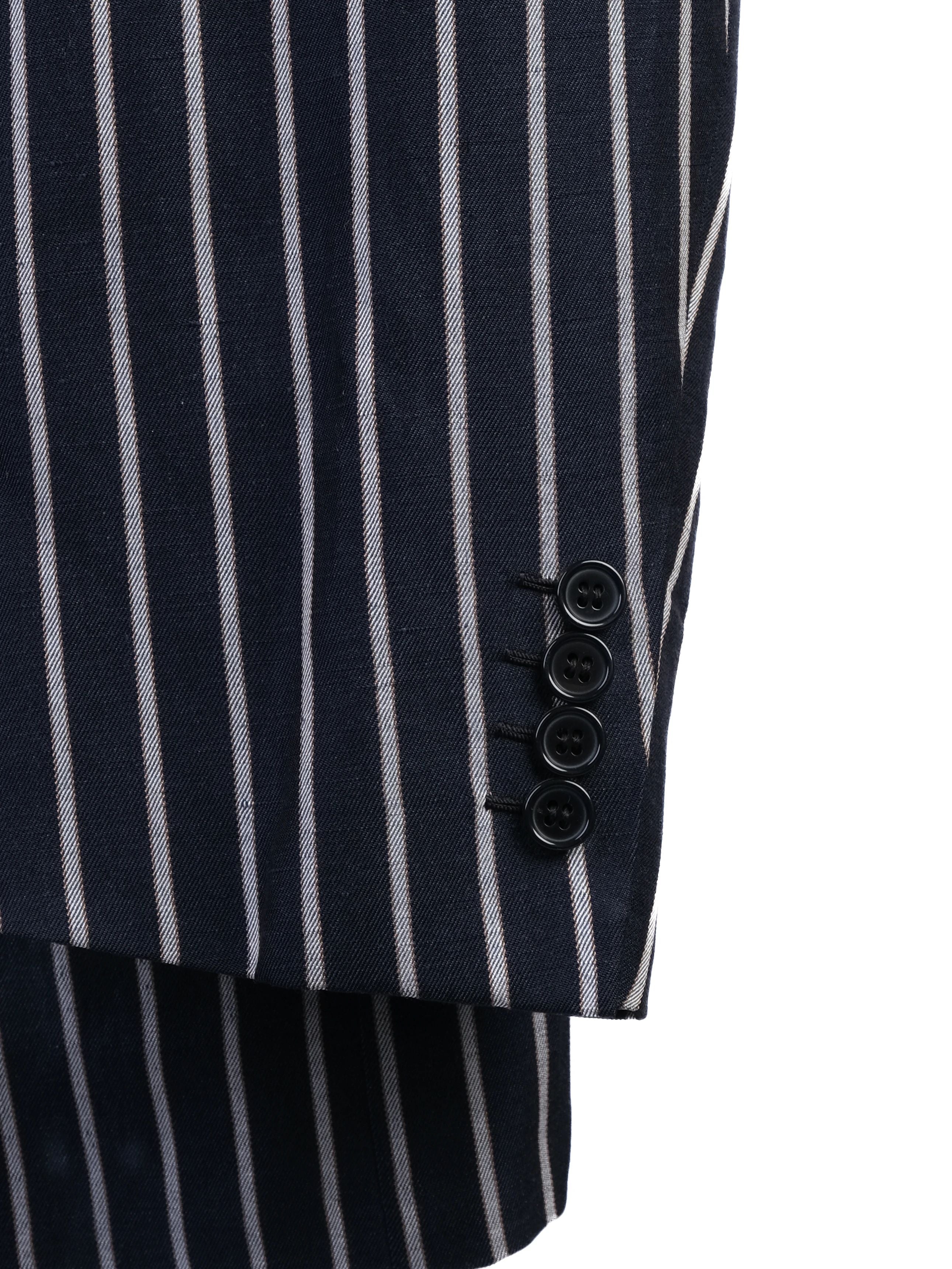 Excellent BRIONI Blue Silk Jacket with White Stripes Size XXL