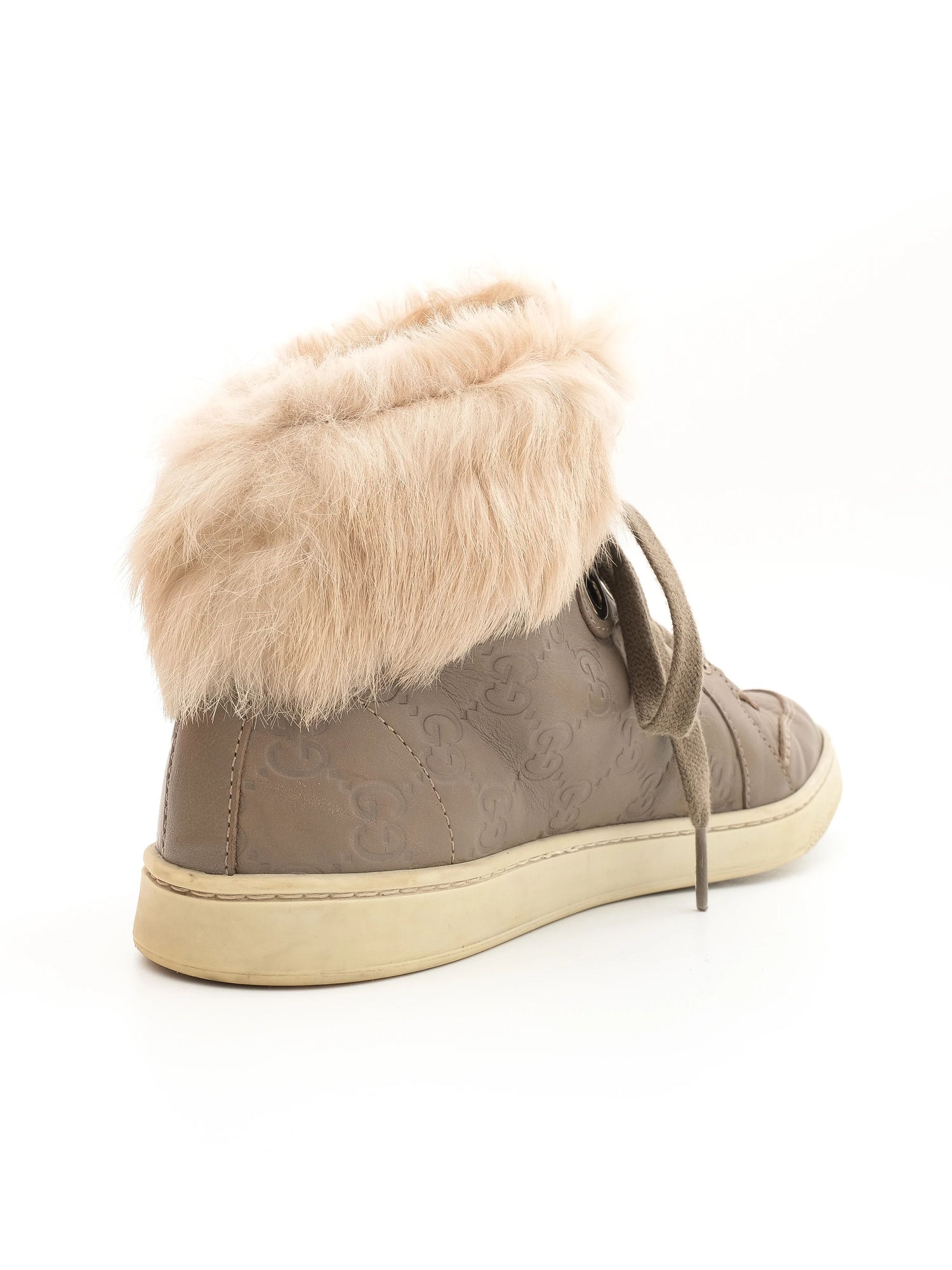 Excellent Gucci Gray Leather High-Top Sneakers with Fur Lining, Size 37