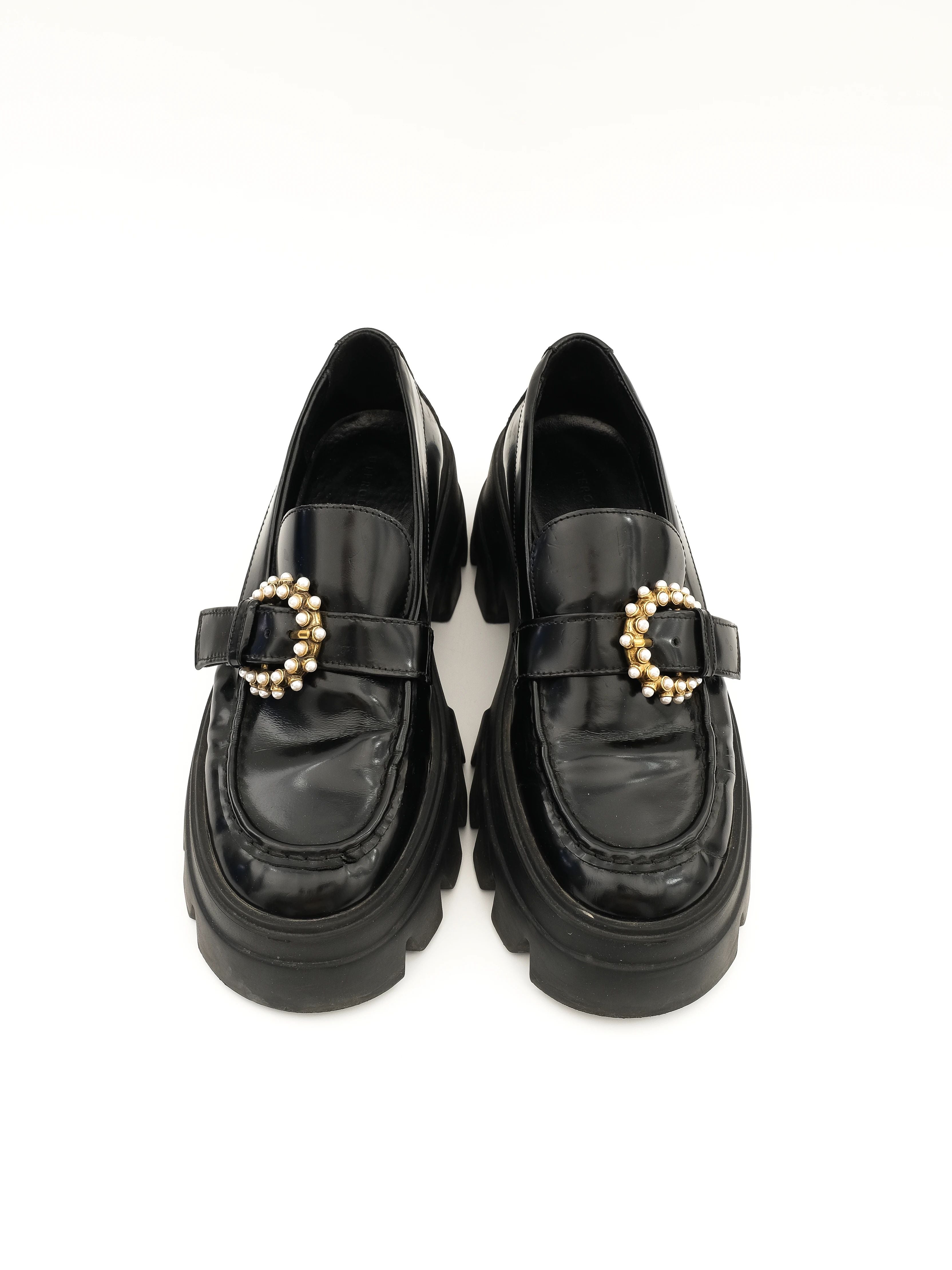 Average Uterque Black Leather Platform Loafers with Buckle Size 39
