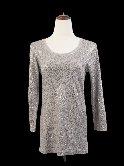 DKNY Gray Long Sleeve Sequin Top Size S - Excellent Condition