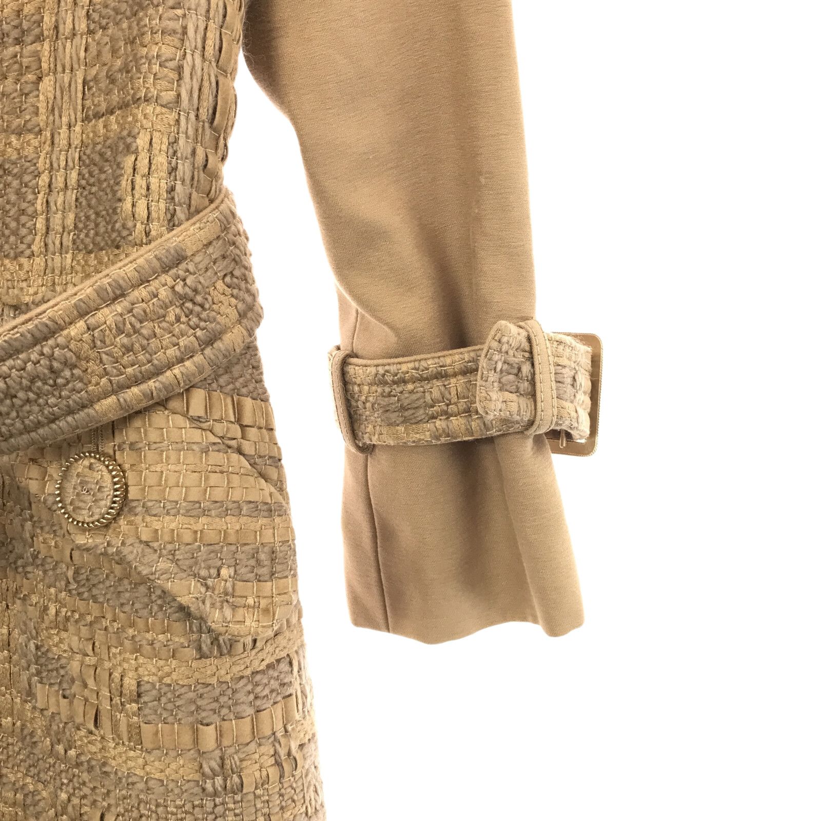 Chanel Belted Tweed Trench Coat Beige Wool 36