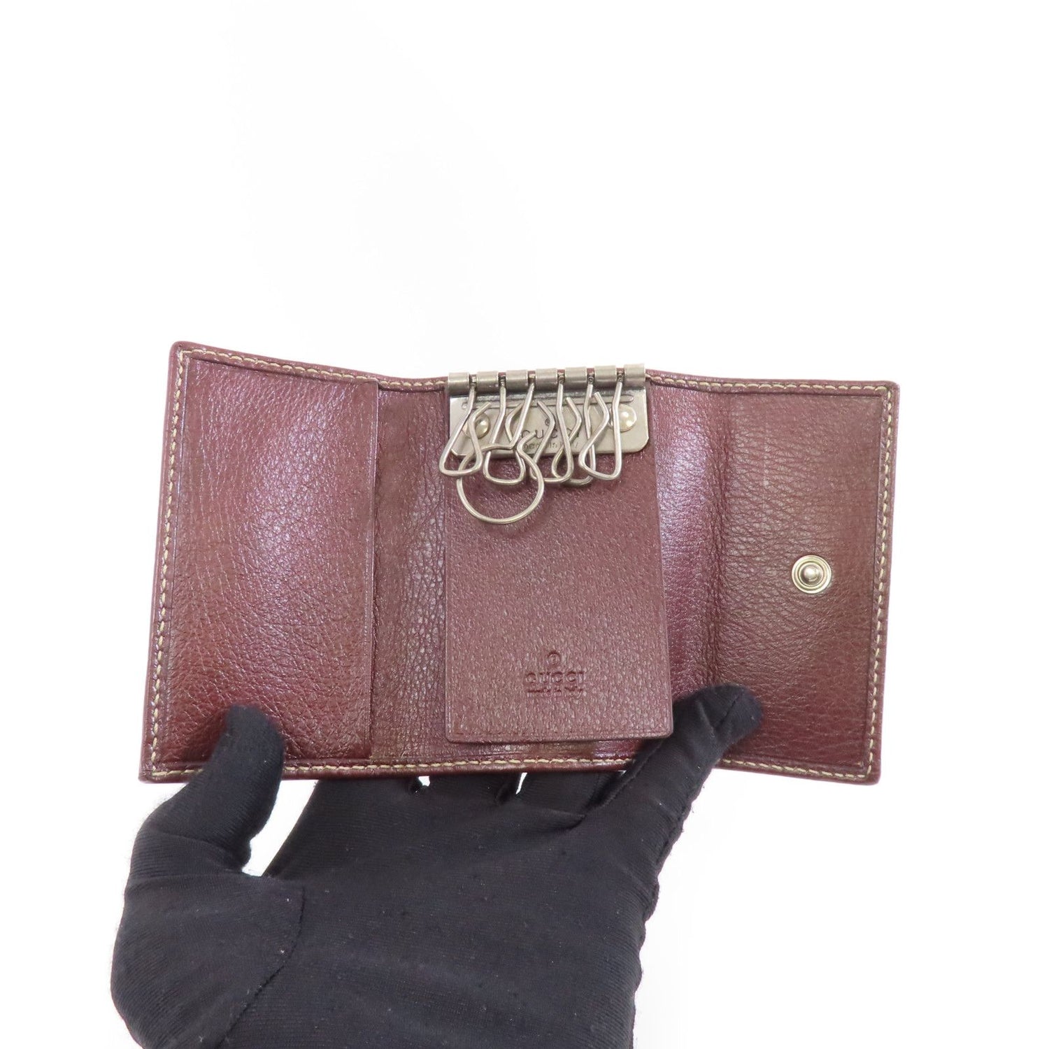 Gucci Cowhide Leather Key Case Silver Chain Spoon Baozhu Red Key Holder Bordeaux Red Calfskin (cowhide) 212177