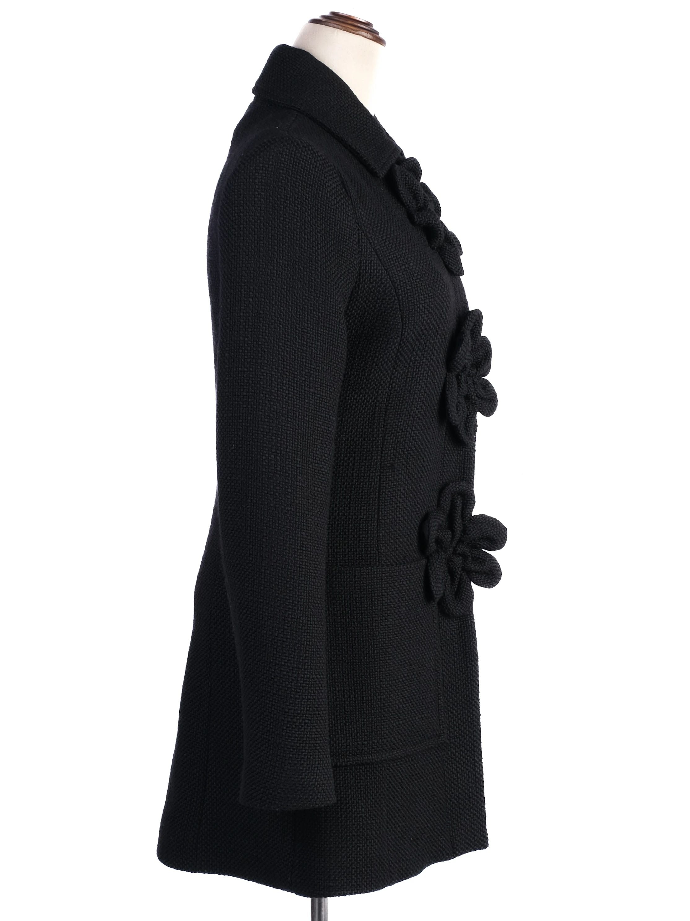 Excellent Anne Fontaine Black Wool Coat with Floral Embellishments