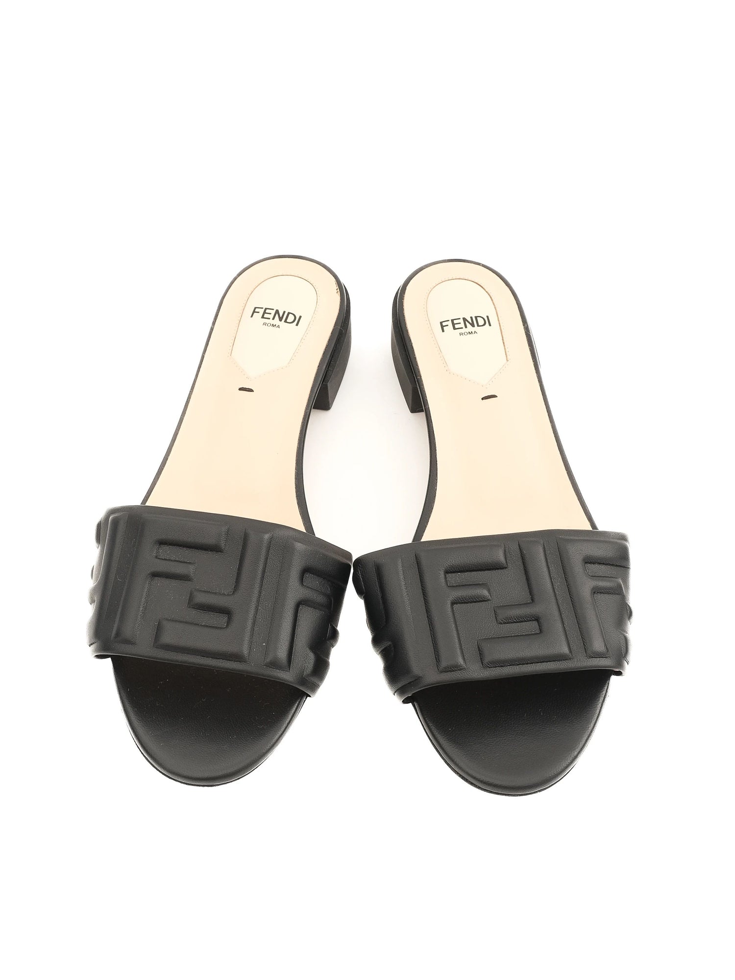 Excellent Fendi Black Leather Slide Sandals Size 37 with Embossed Design