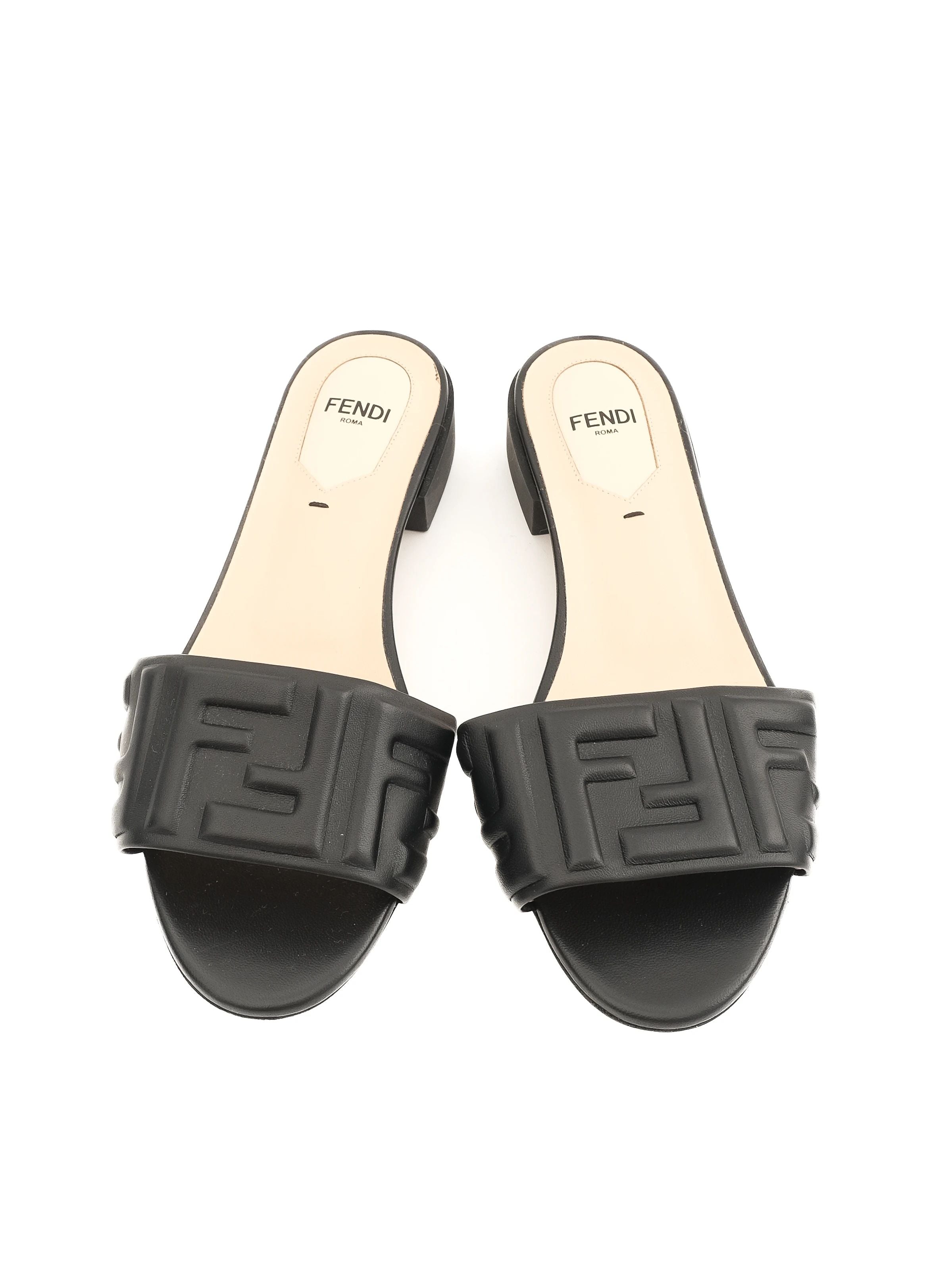 Excellent Fendi Black Leather Slide Sandals Size 37 with Embossed Design