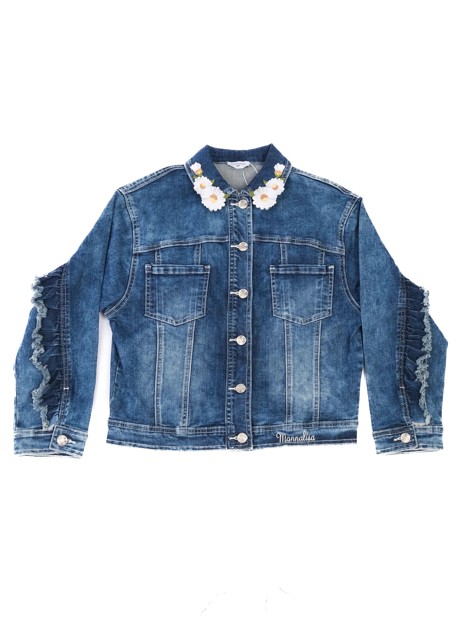 Excellent Monnalisa Blue Denim Jacket with Floral Embroidery Size 11