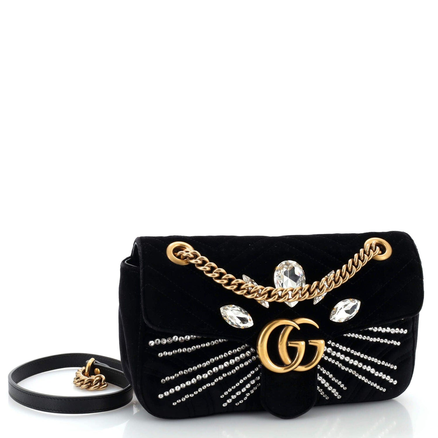 Gucci GG Marmont Flap Bag Crystal Embellished Matelasse Velvet Medium